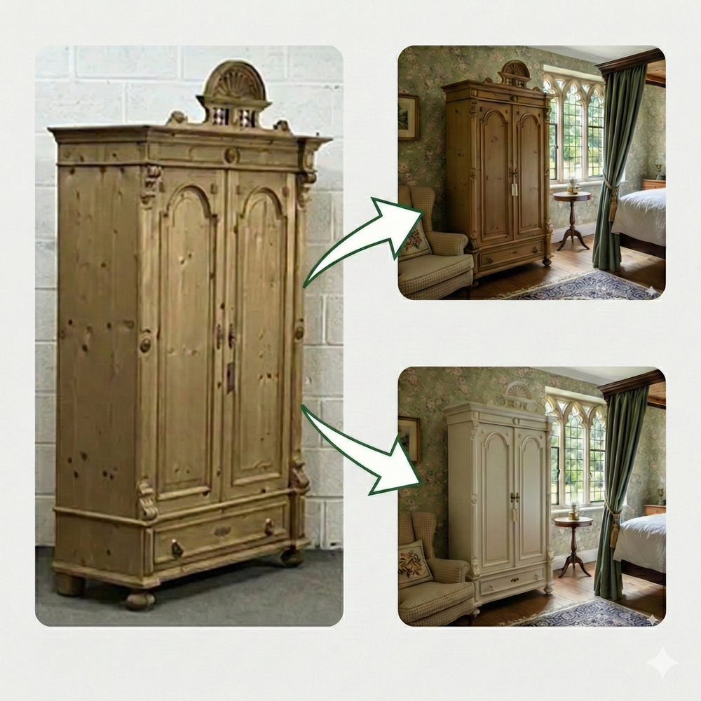 Demonstration of bare wood transforming into waxed and painted finishes