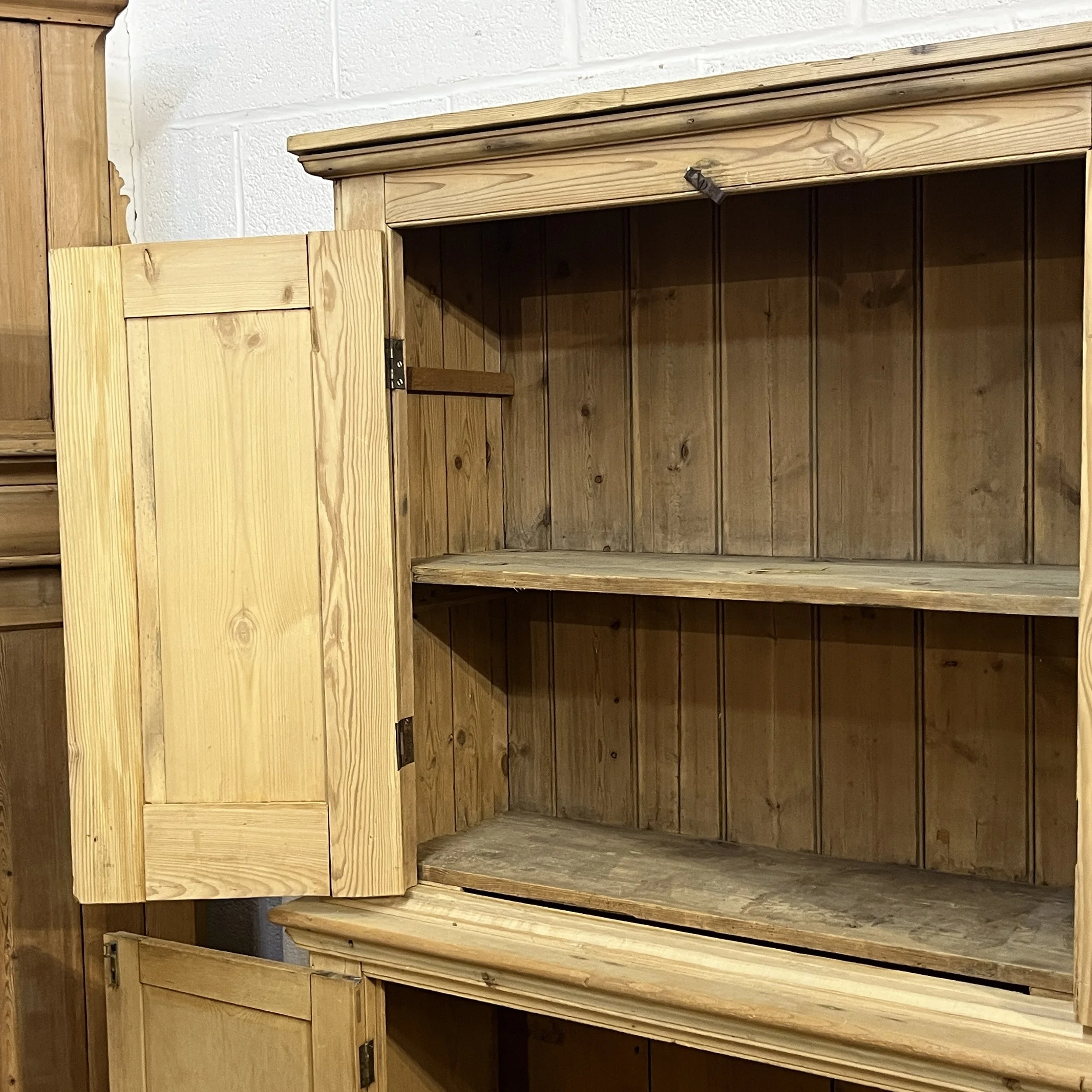 Large old pine cupboard N7809E upper cupboard open, showing single shelf and boarded interior