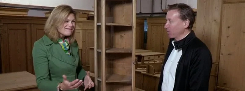 Kate Bliss and me haggling over a glazed antique pine corner cupboard on the The BBC's TV Show 'Put Your Money Where Your Mouth Is' shown on 11th November 2014.