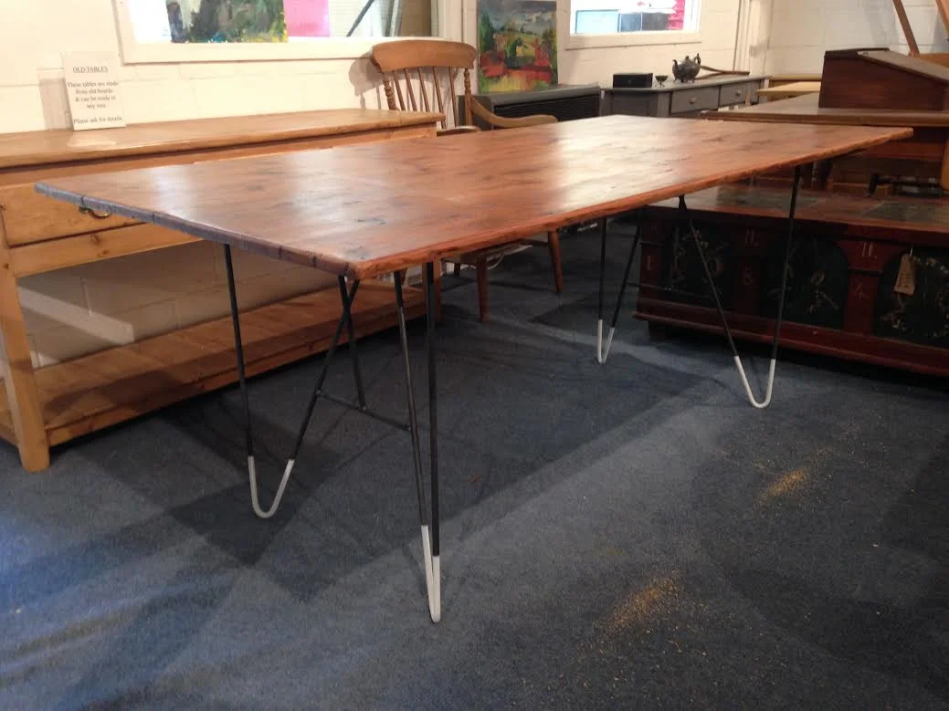 Pine table top with metal base