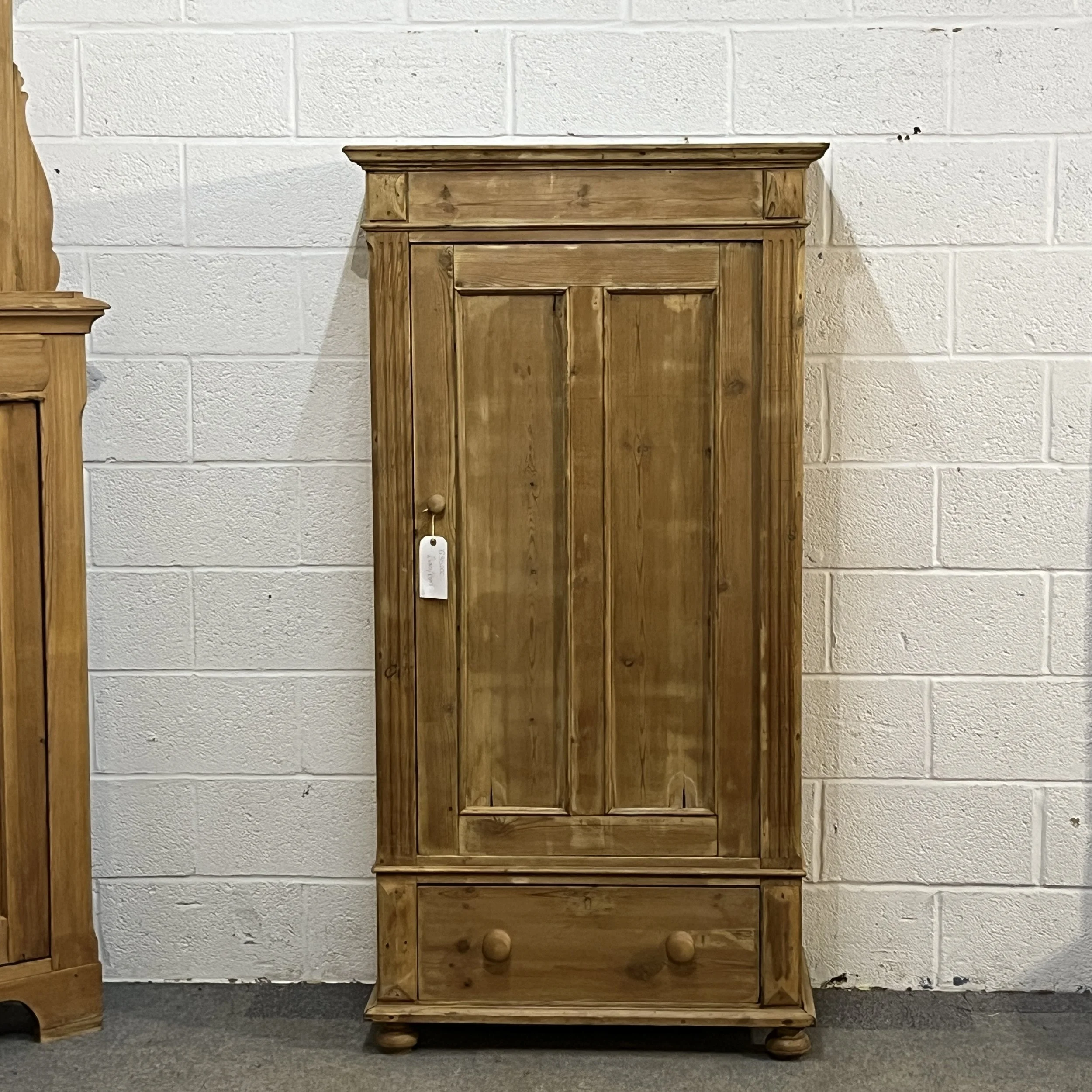 Tall Slim Single Door Old Pine Cupboard With Bottom Drawer