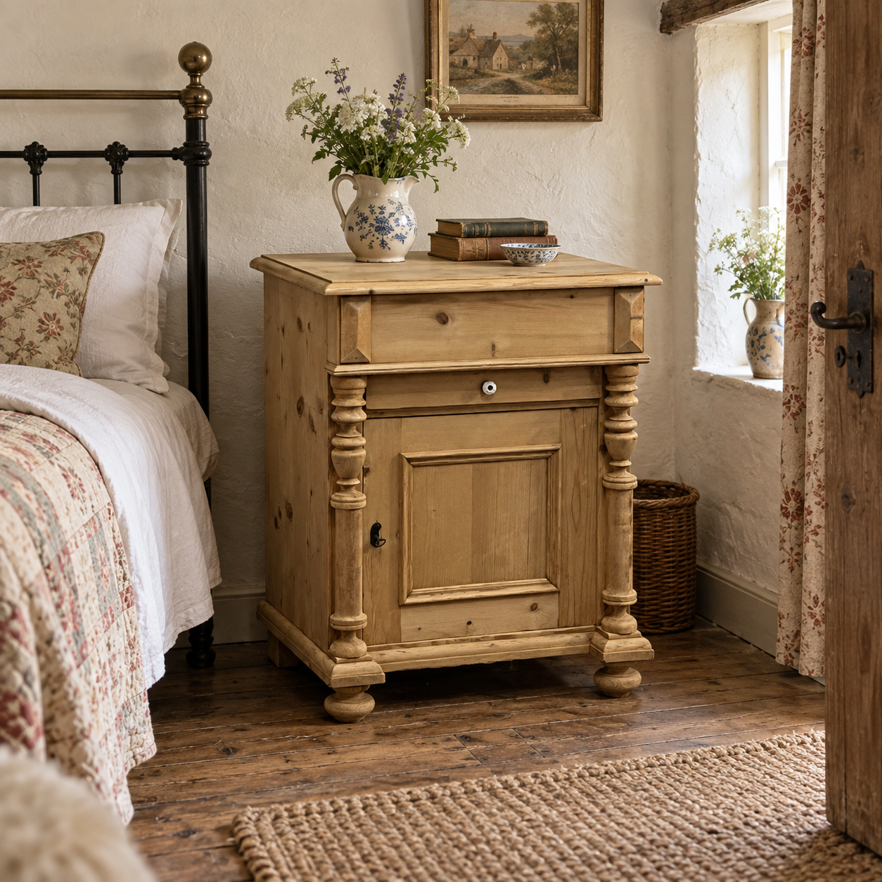 AI-staged room setting showing the 1930s antique pine wash cupboard in an English country cottage bedroom
