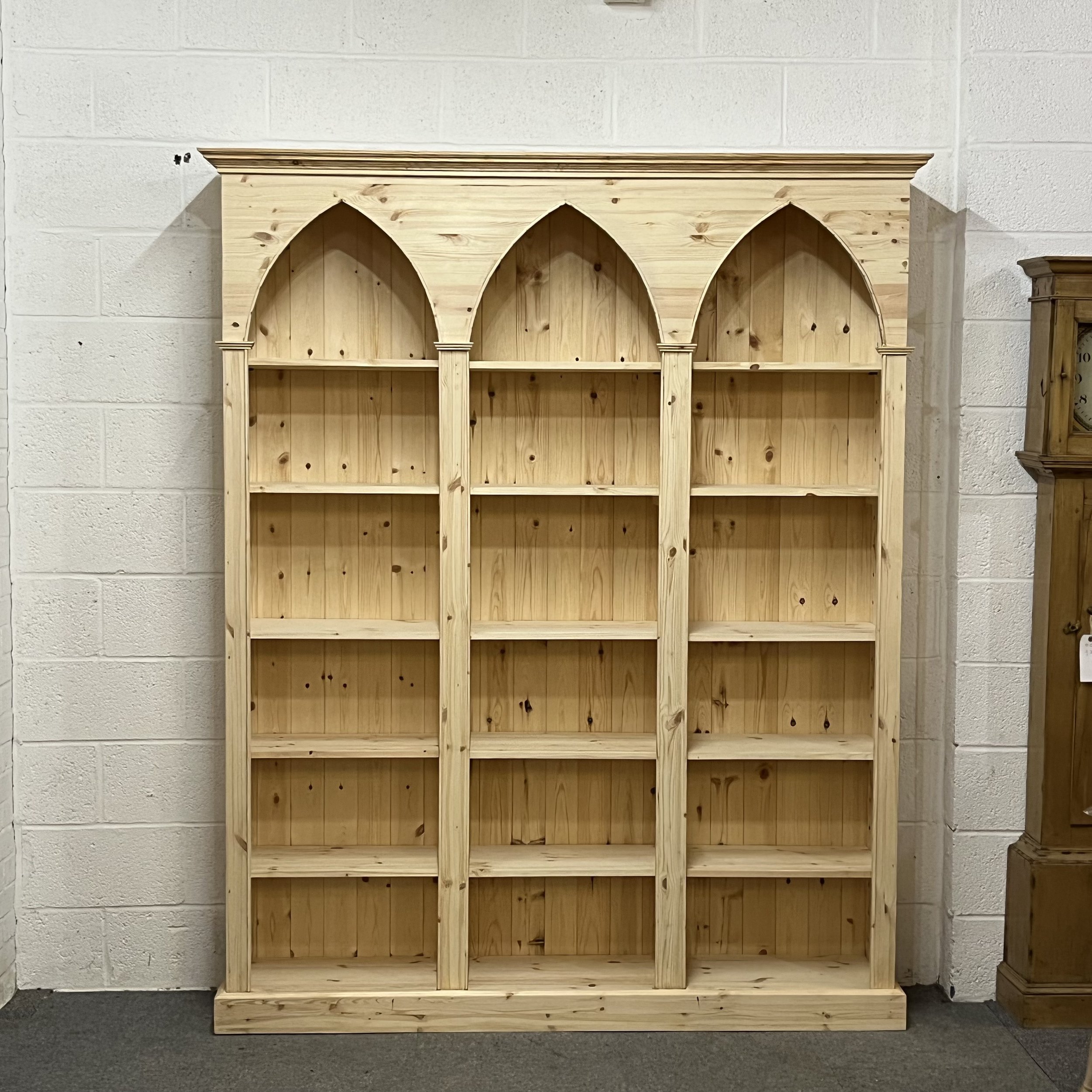 Large pine bookcase 3 sections arched