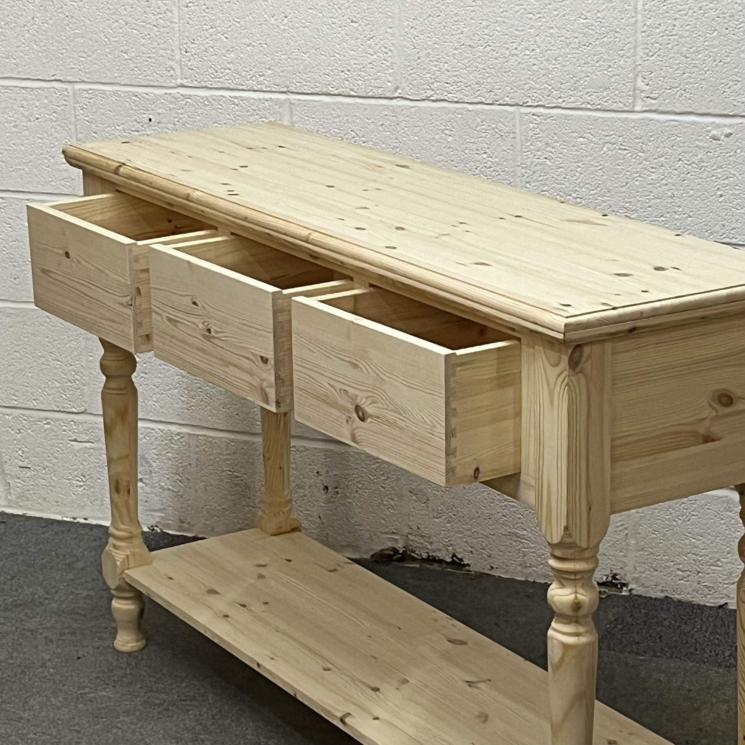 Pine console table with 3 drawers