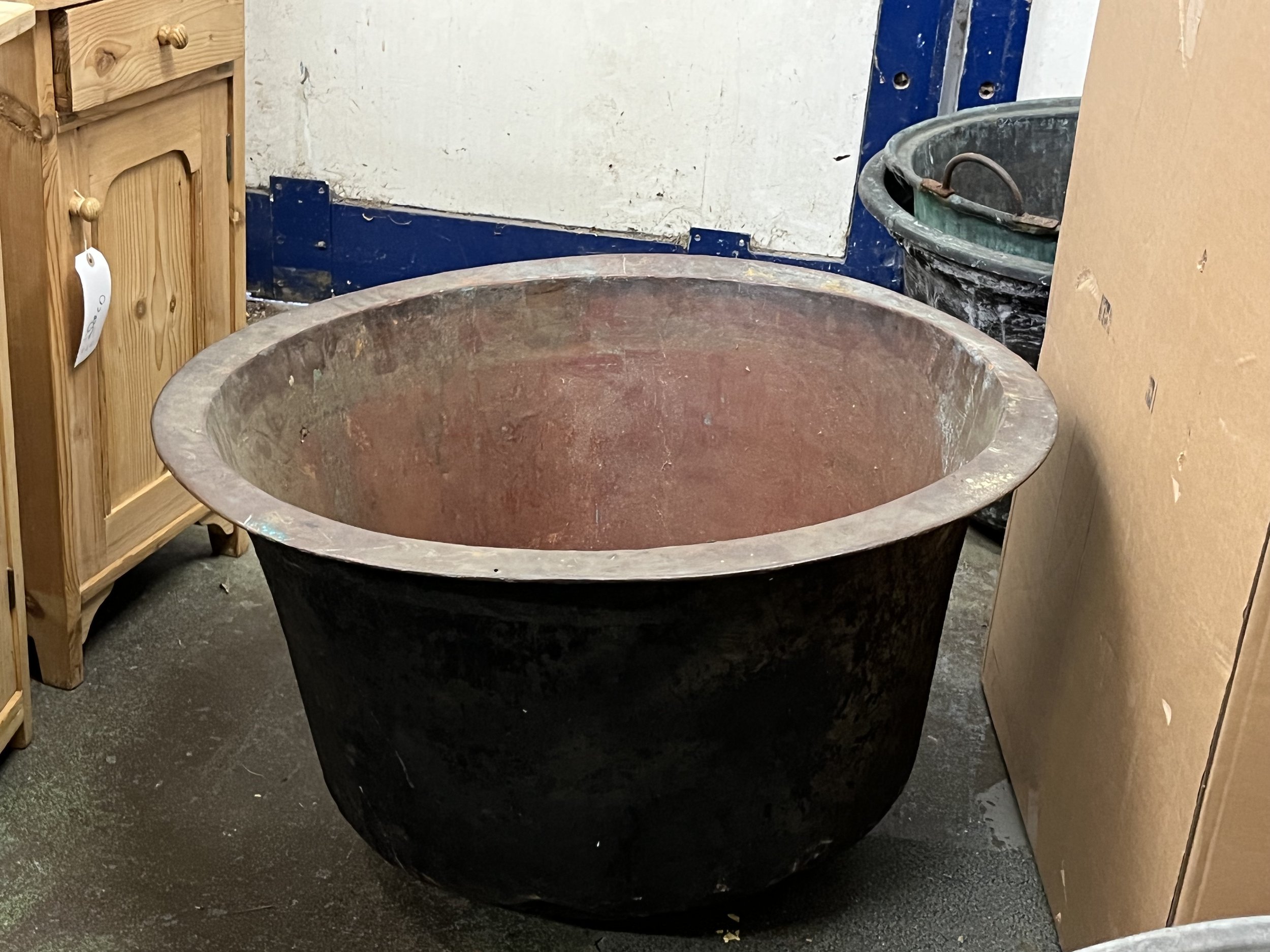 Large antique copper cauldron