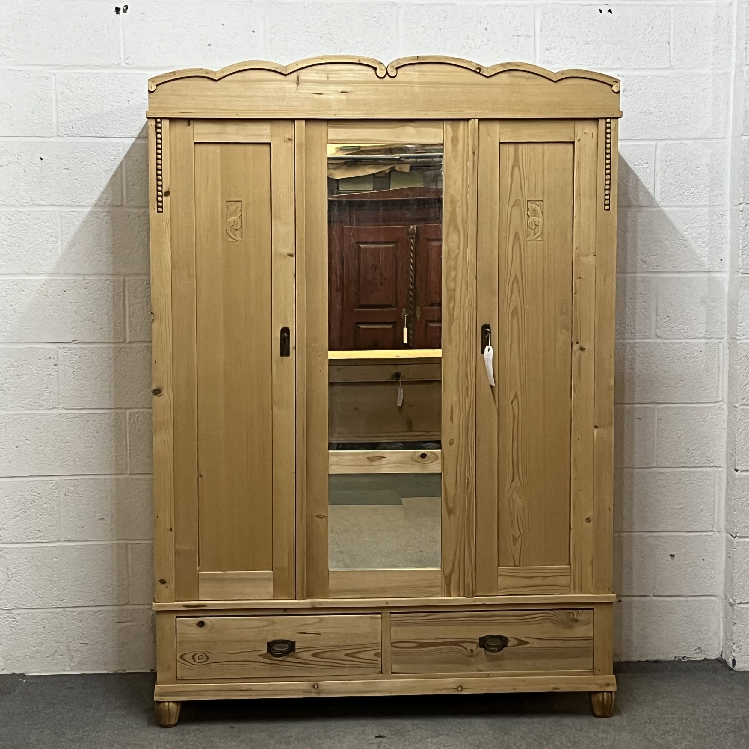 Pale large triple antique pine wardrobe