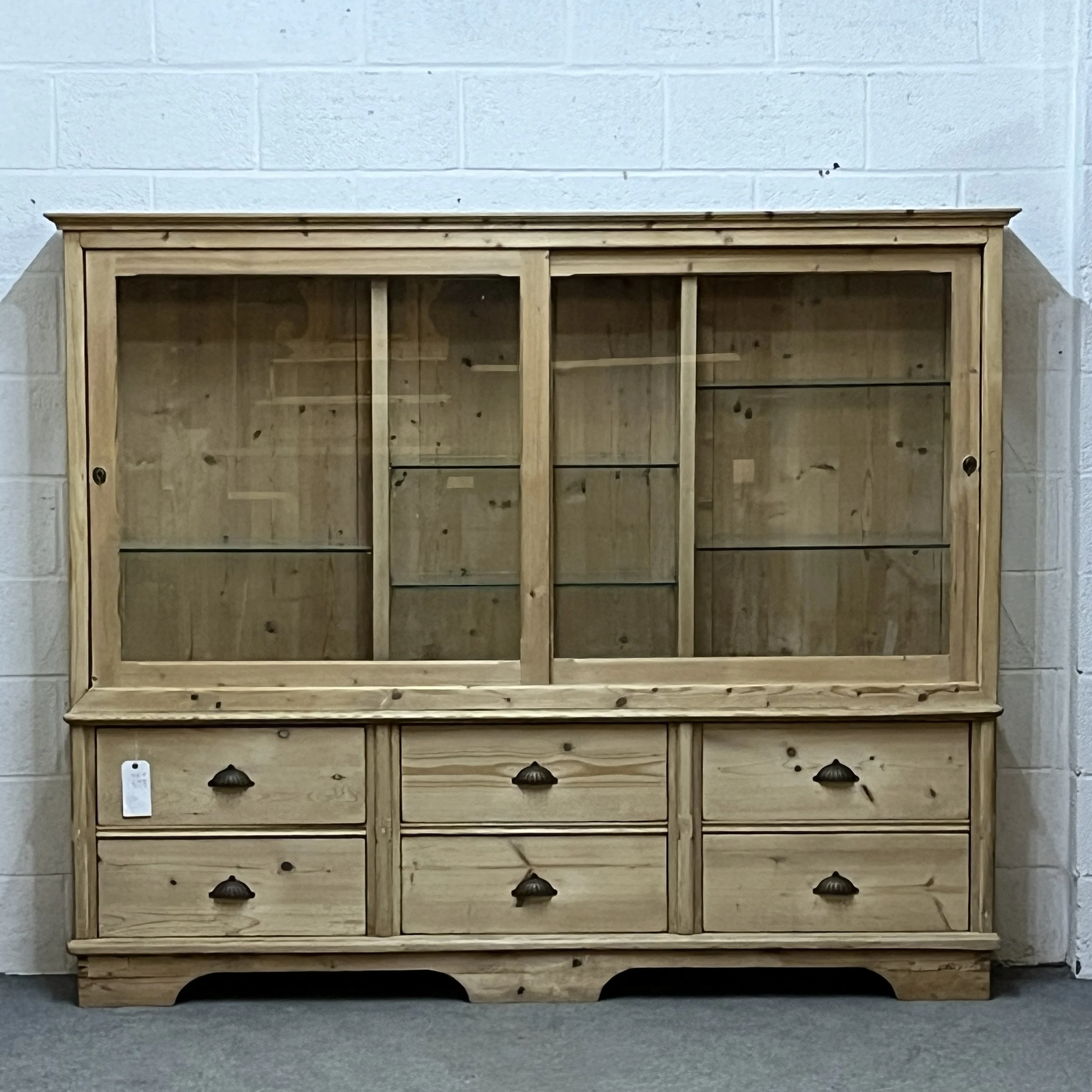 Very Large Pine Display Cabinet With Glazed Sliding Doors And Drawers