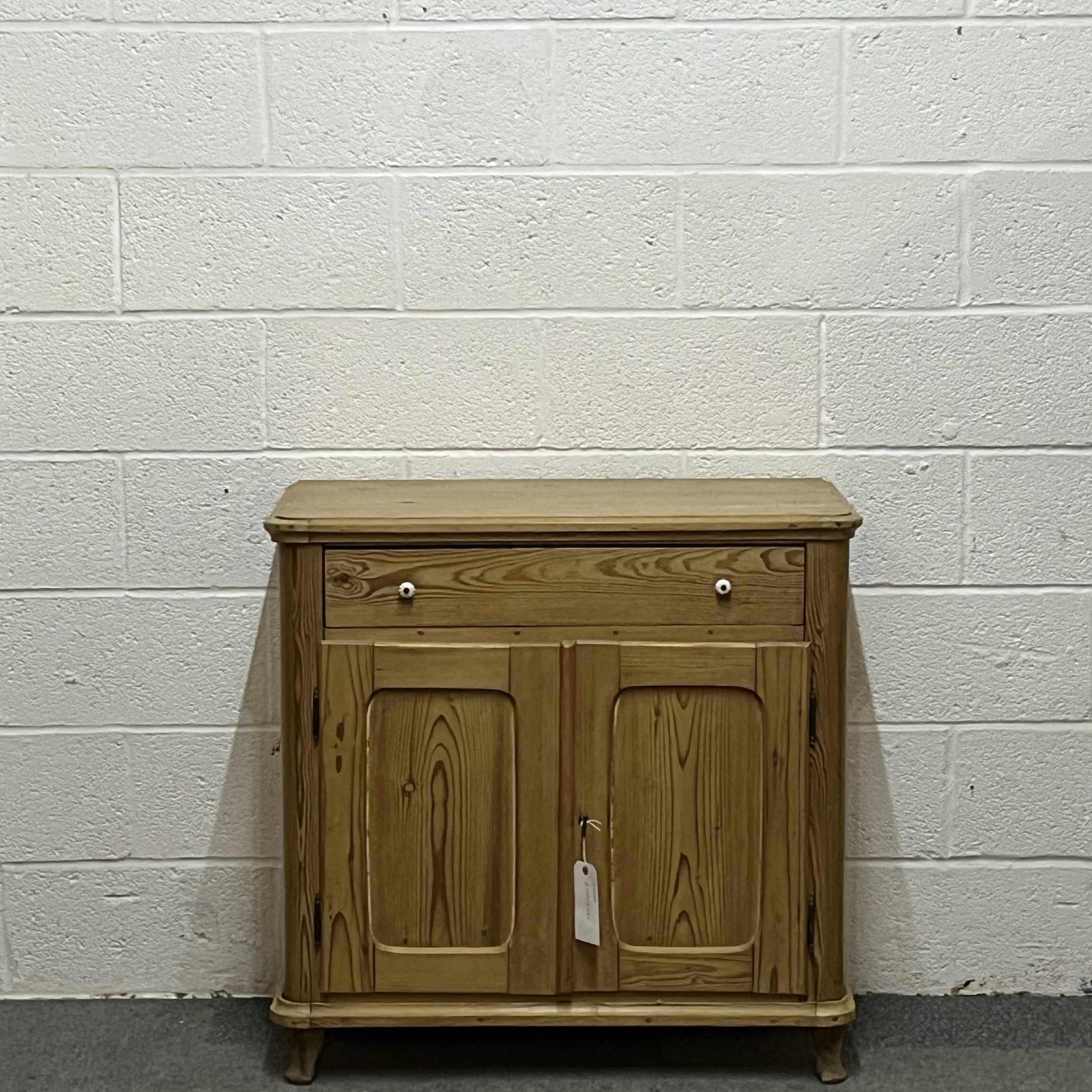 Small Waxed 2 Door Antique Pine Cupboard With Top Drawer