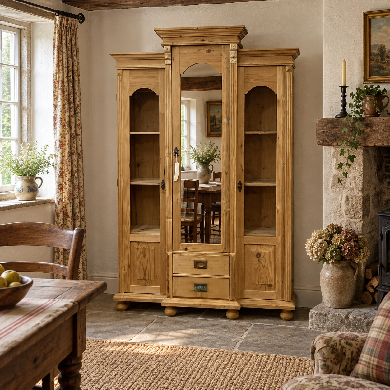 AI-staged room setting for illustration — reclaimed pine cabinet N7500D in an English country cottage