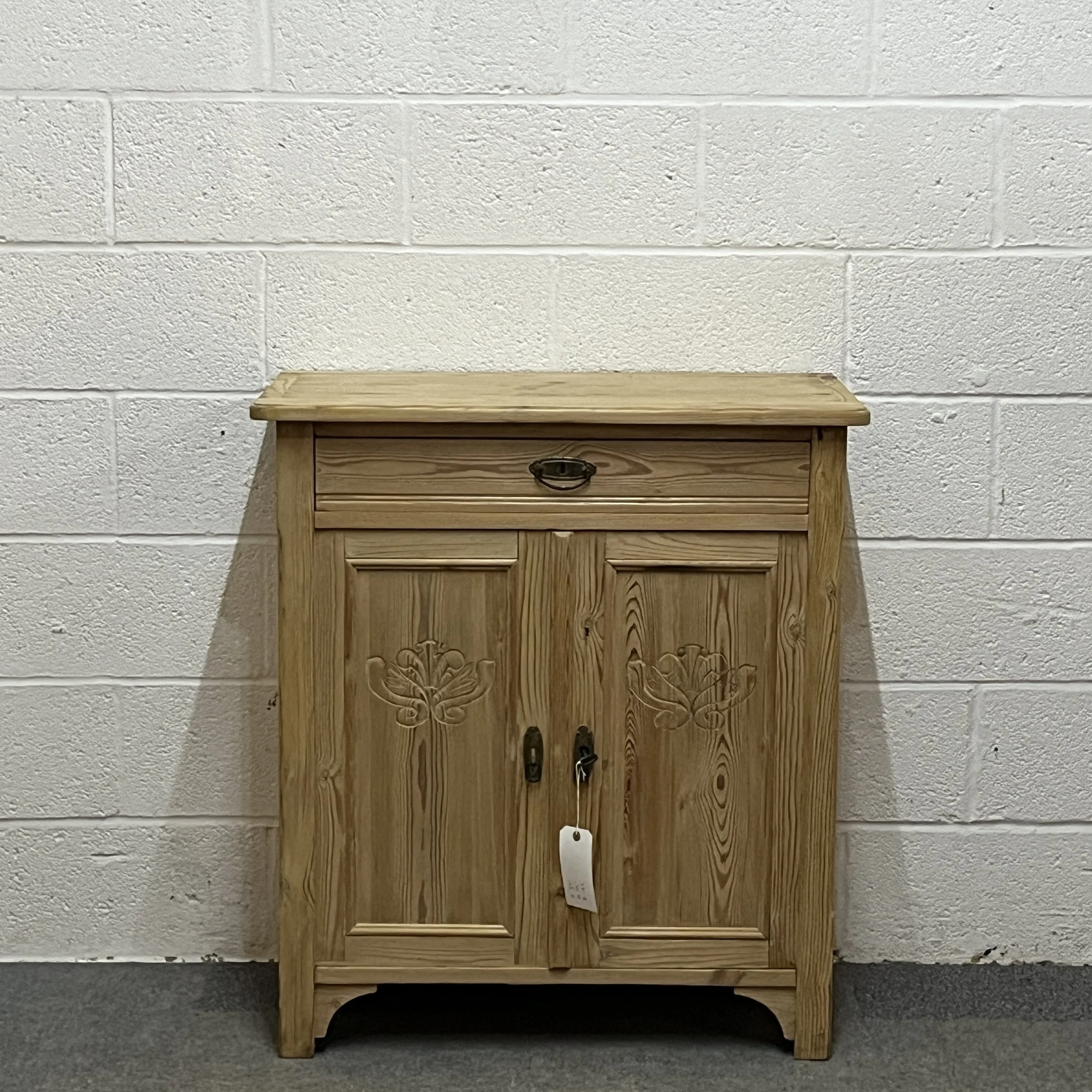 Small Antique Pine 2 Door Cupboard With Top Drawer