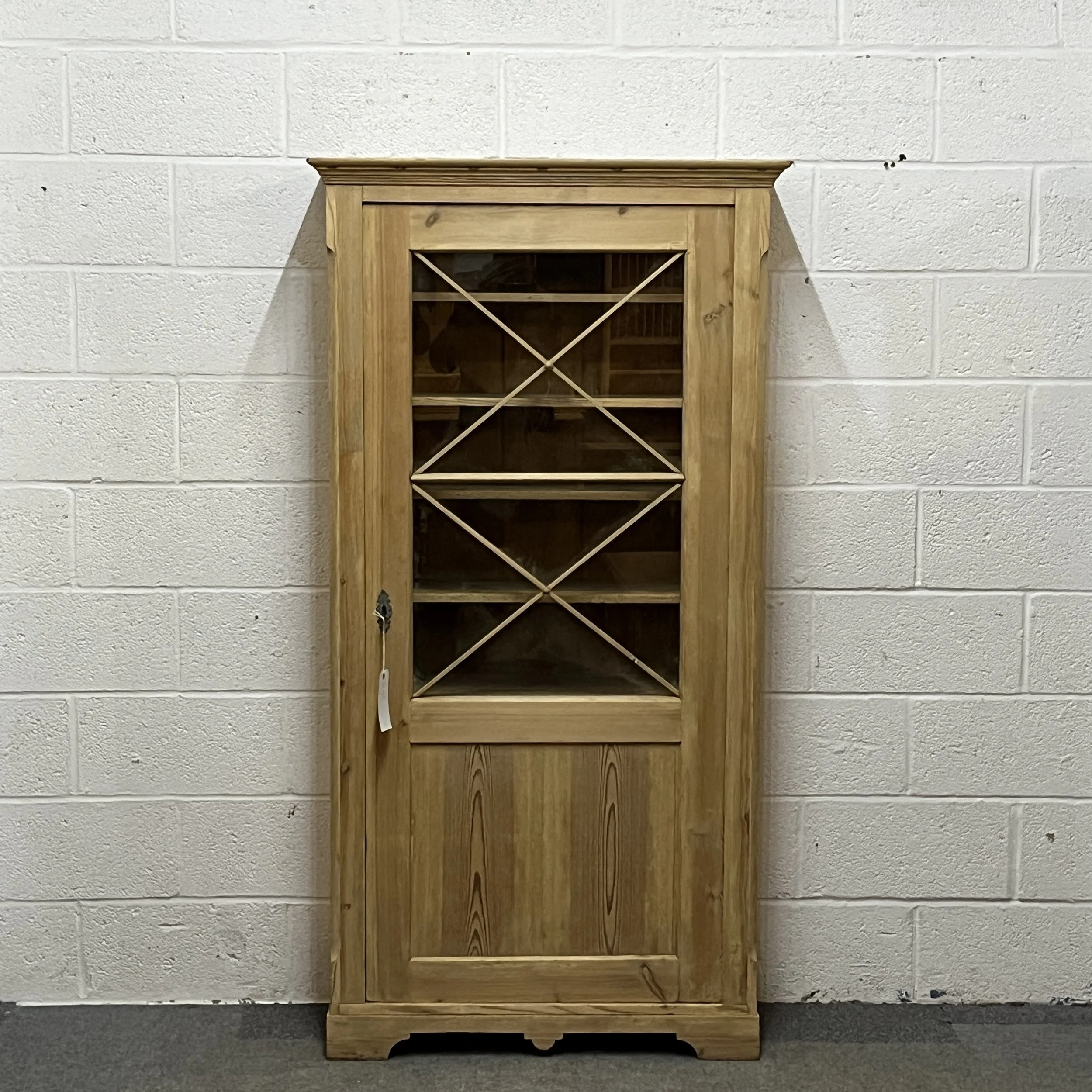 Tall Slim Partly Glazed Old Pine Shelved Cupboard
