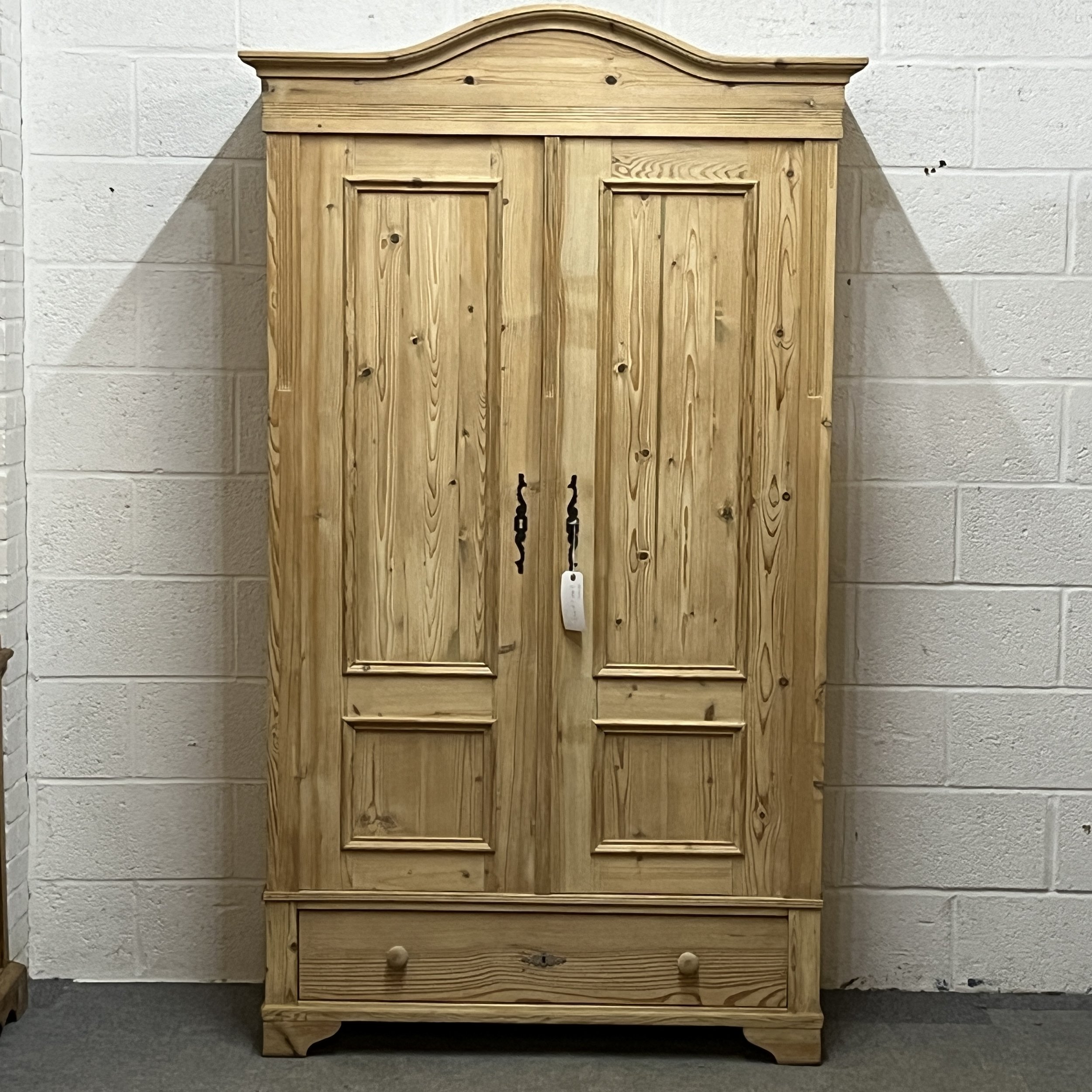 Tall Slim Double Antique Pine Wardrobe With Bottom Drawer