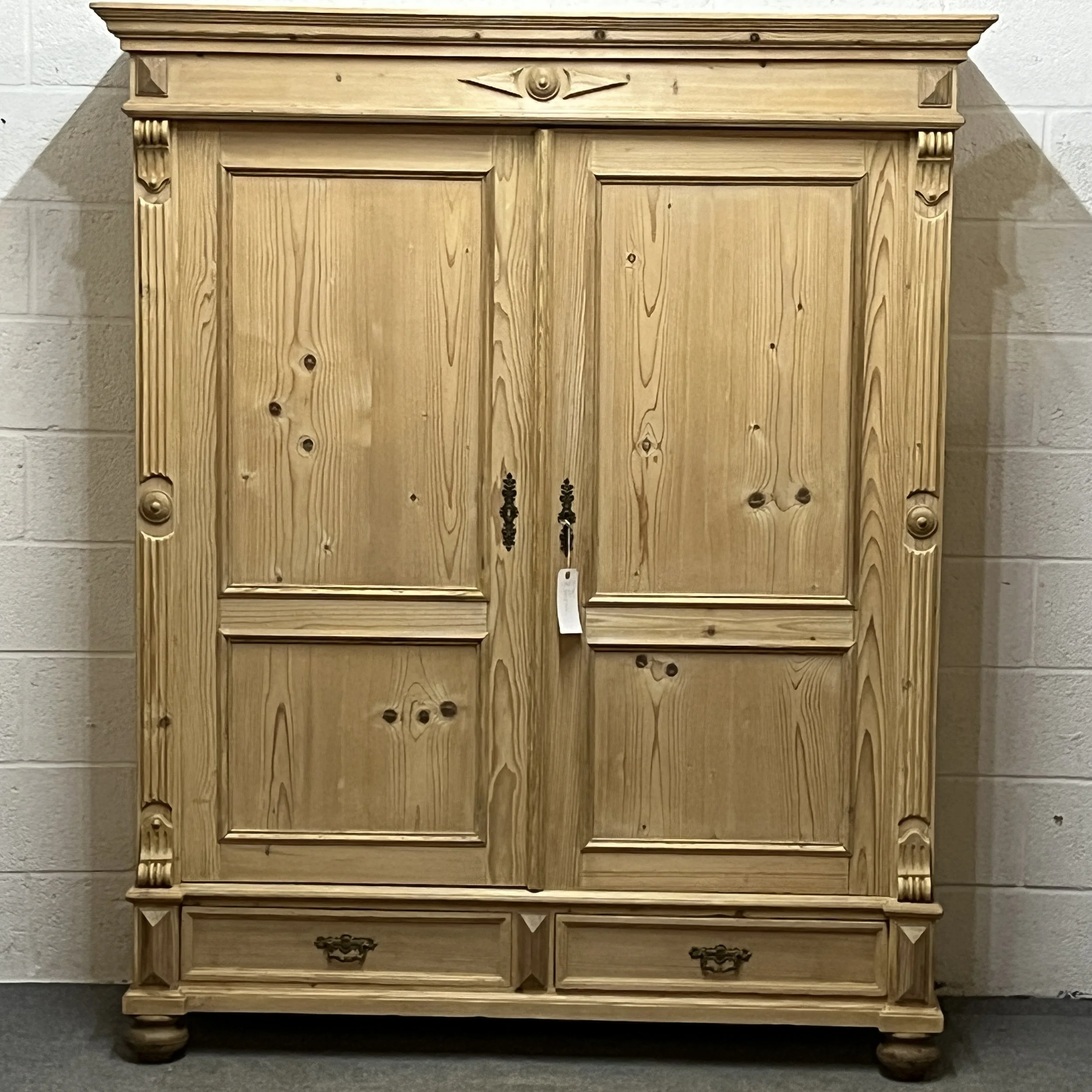 Very Large Double Antique Pine Wardrobe With Bottom Drawer