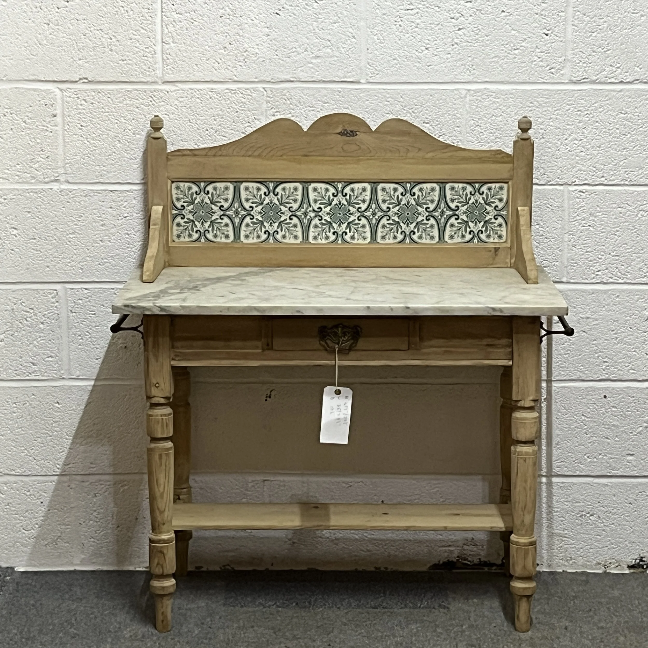 Edwardian Pine Marble Top Tiled Turned Leg Washstand