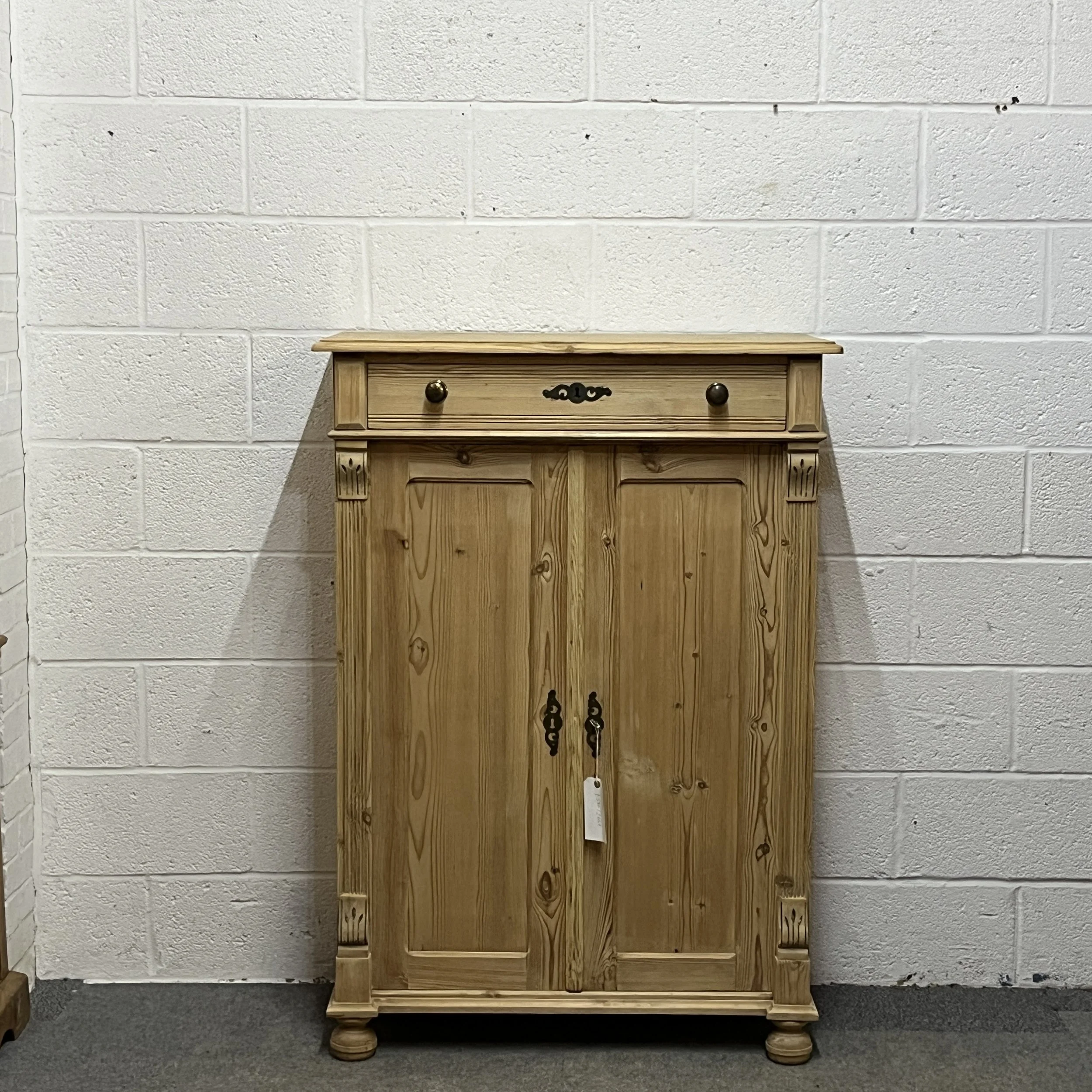 Tall Slim Antique Pine 2 Door Cupboard With Top Drawer