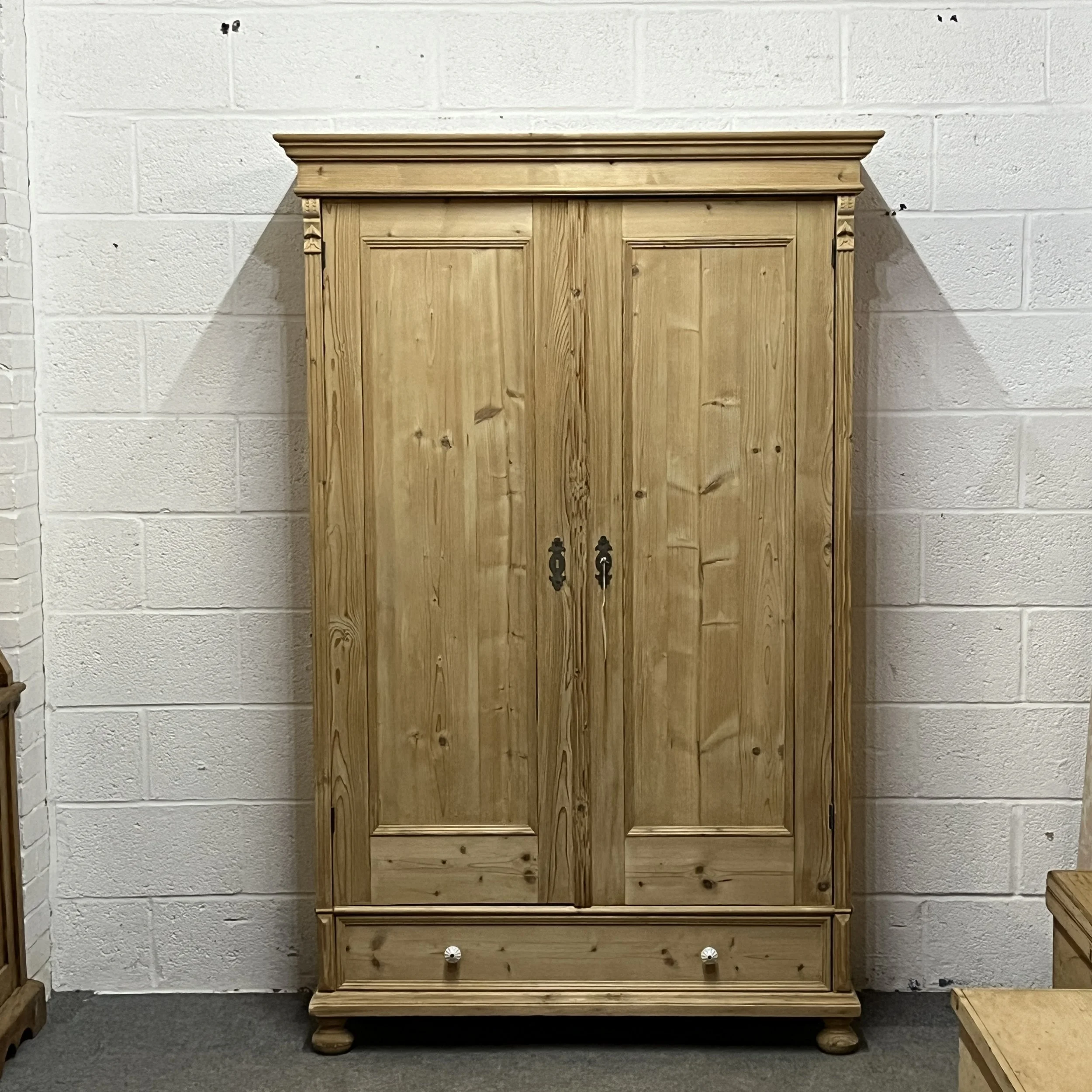 Large Shelved Antique Pine Cupboard With Bottom Drawer