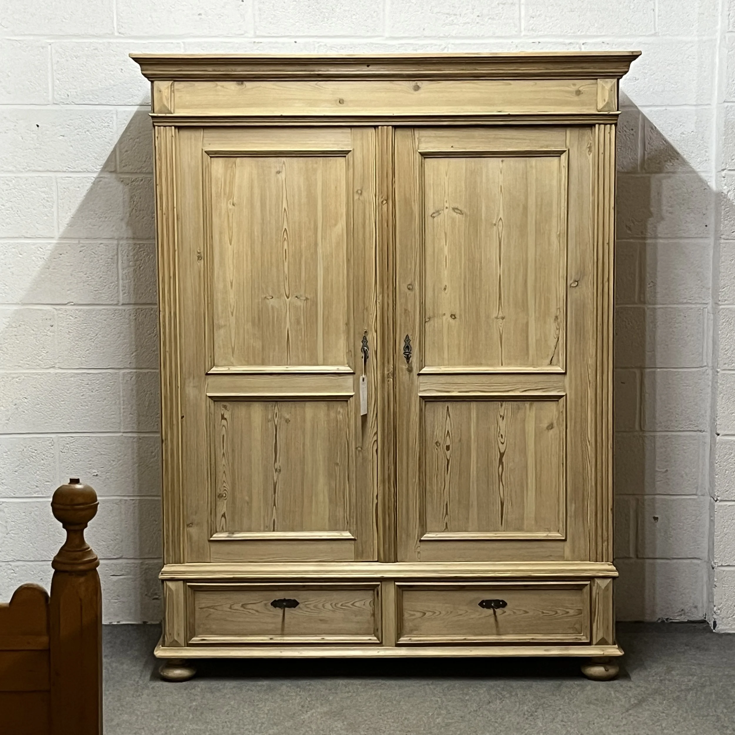 Large Antique Pine Double Wardrobe With Bottom Drawers