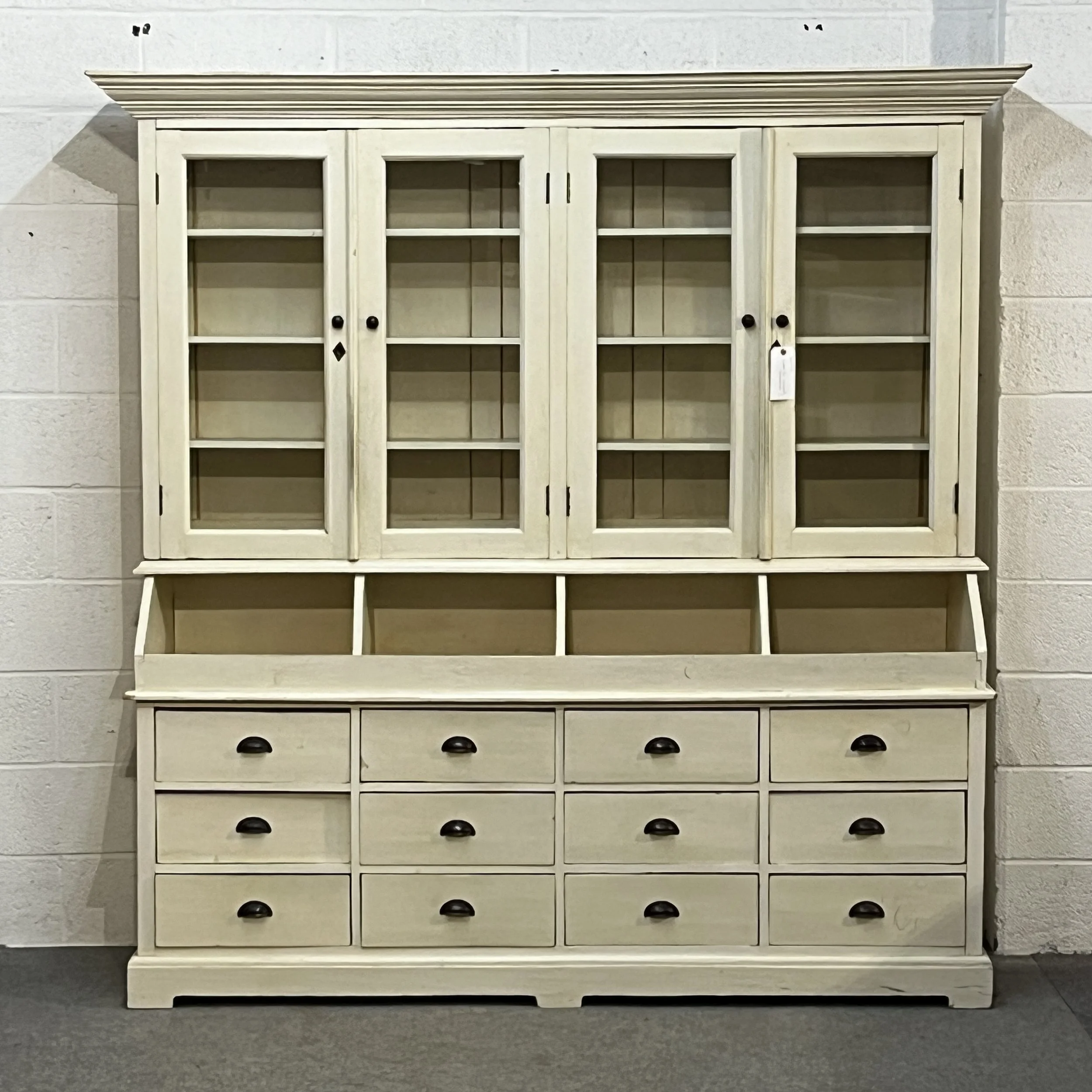 Very Large Glazed Painted Pine Shop Display Cabinet With Drawers