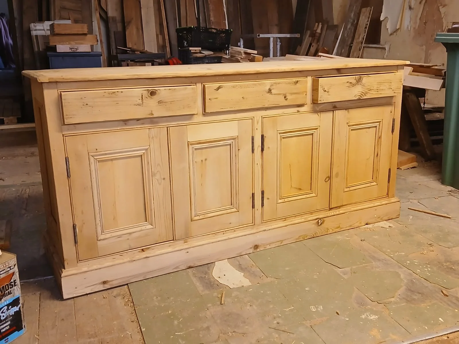 Large pine 4 drawer 4 door sideboard made from old pine boards