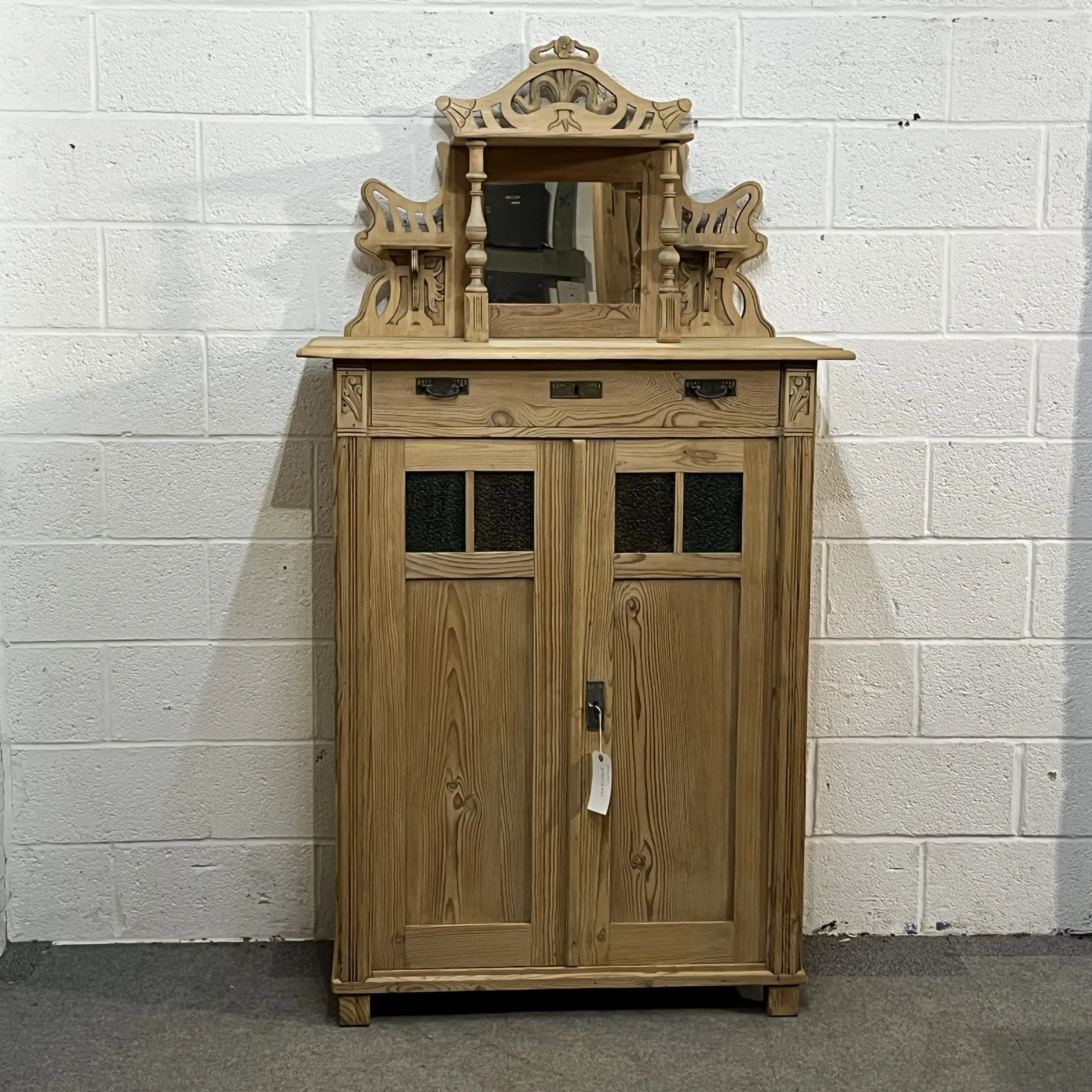 Tall Antique Pine Cupboard With Decorative Top