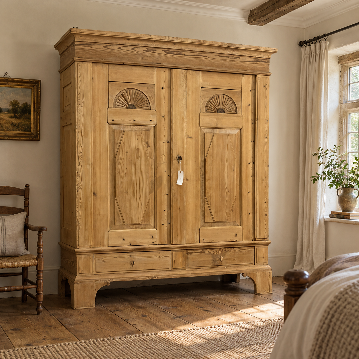 AI-staged room setting for illustration: very large old pine wardrobe N8206H in a country cottage bedroom.