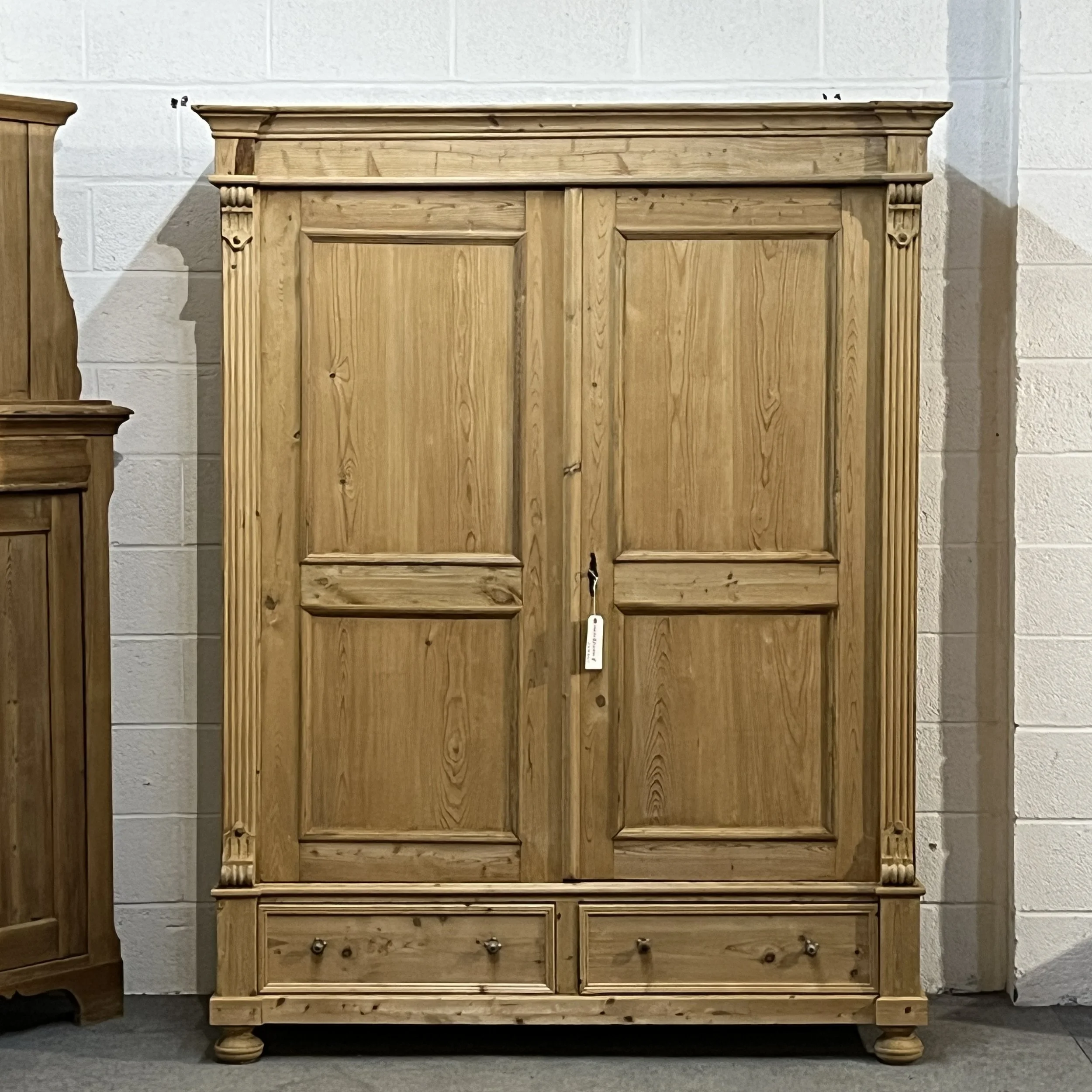 Very Large Antique Pine Double Wardrobe With Bottom Drawers (Dismantles)