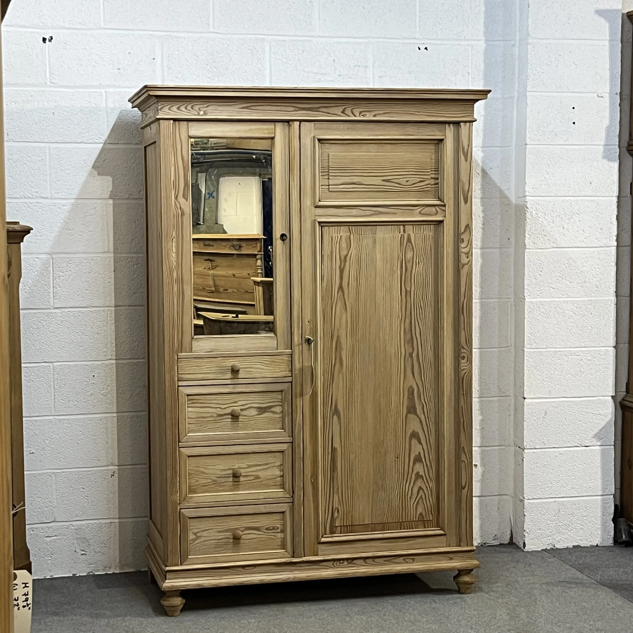 1930s Antique Pine Mirrored Compactum Wardrobe with Drawers (N1852H)