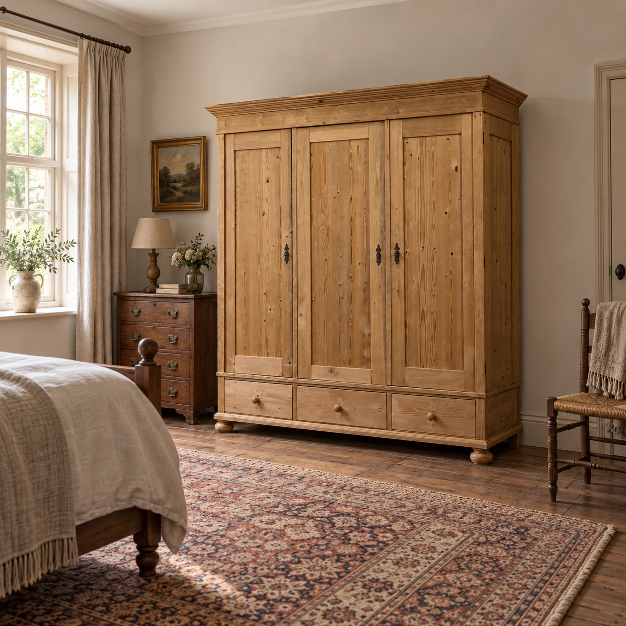Illustration of the triple pine wardrobe in a furnished bedroom