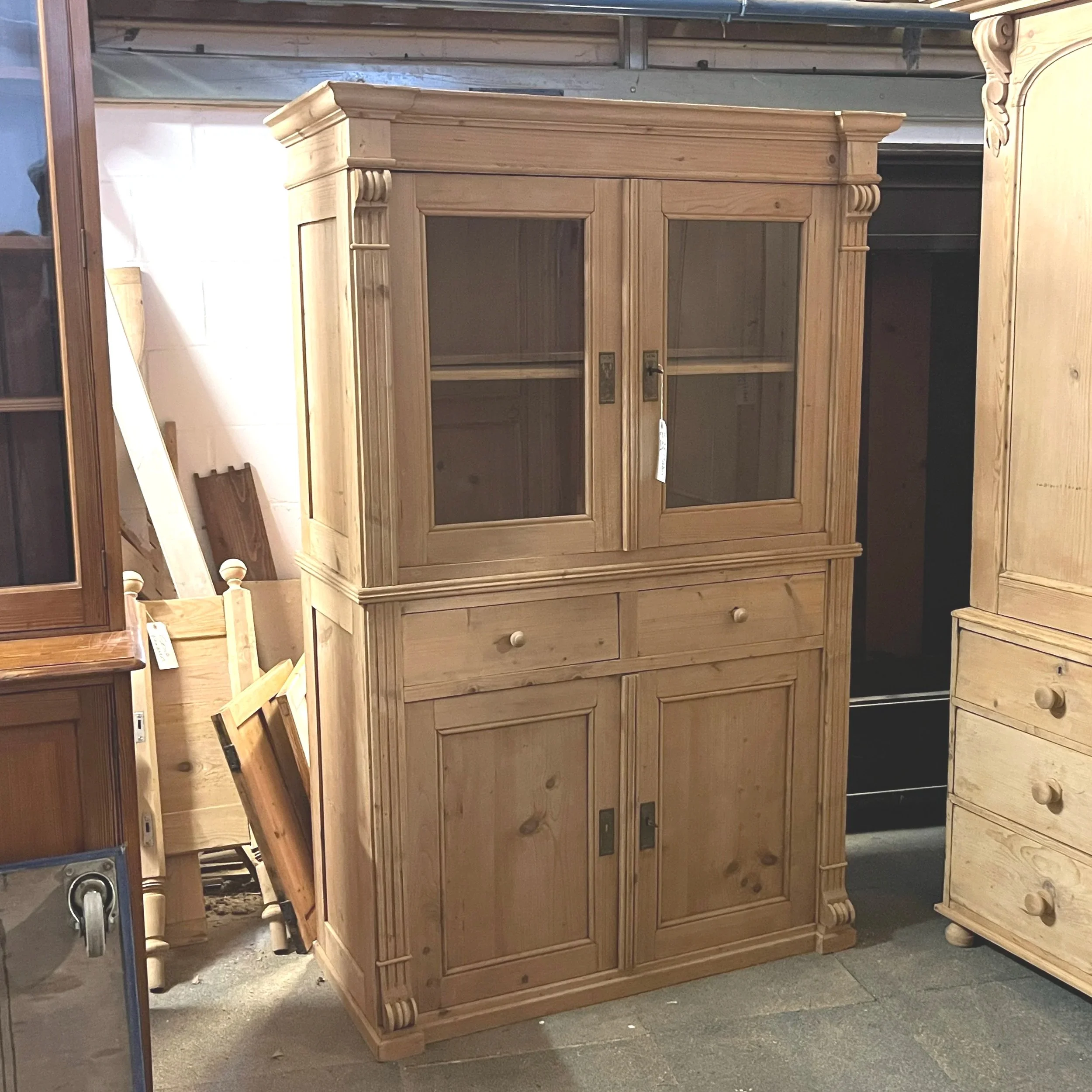 Large Antique Pine Glazed Top Cupboard with Drawers
