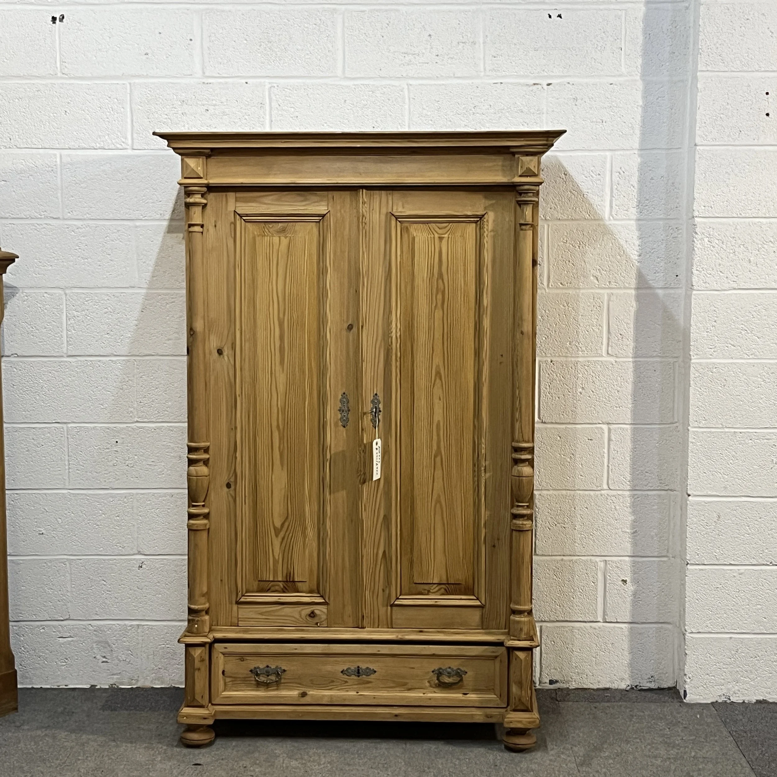 Small Antique Pine Wardrobe With Bottom Drawer