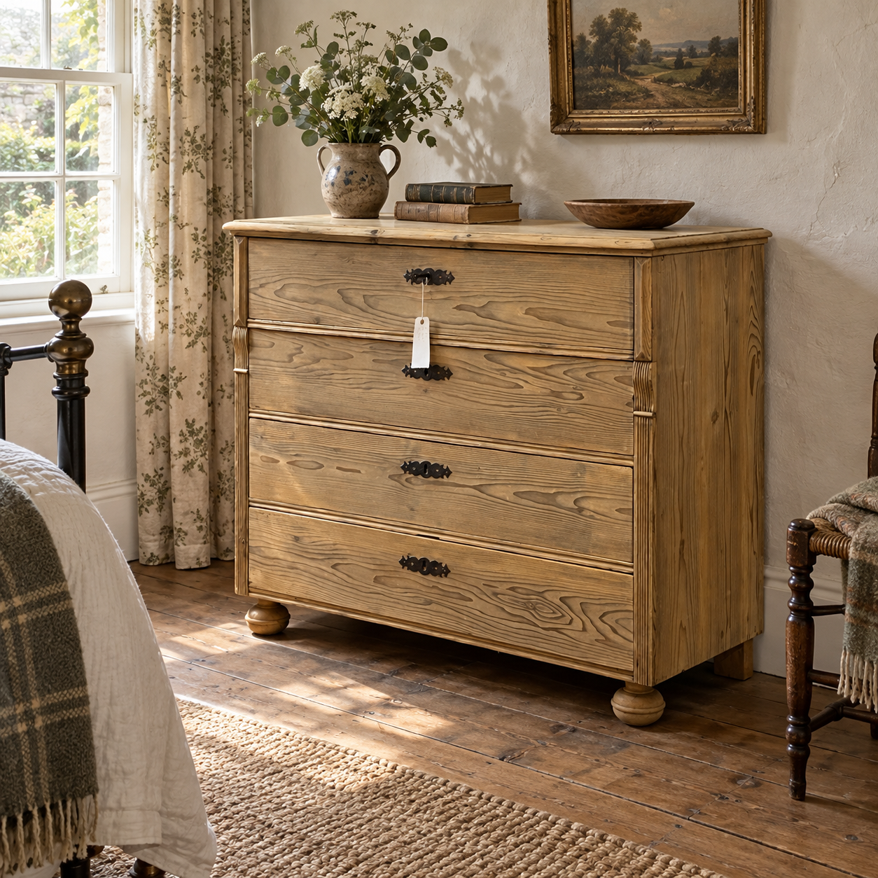 AI-staged room setting for illustration — antique pine chest N7308C in a cottage bedroom