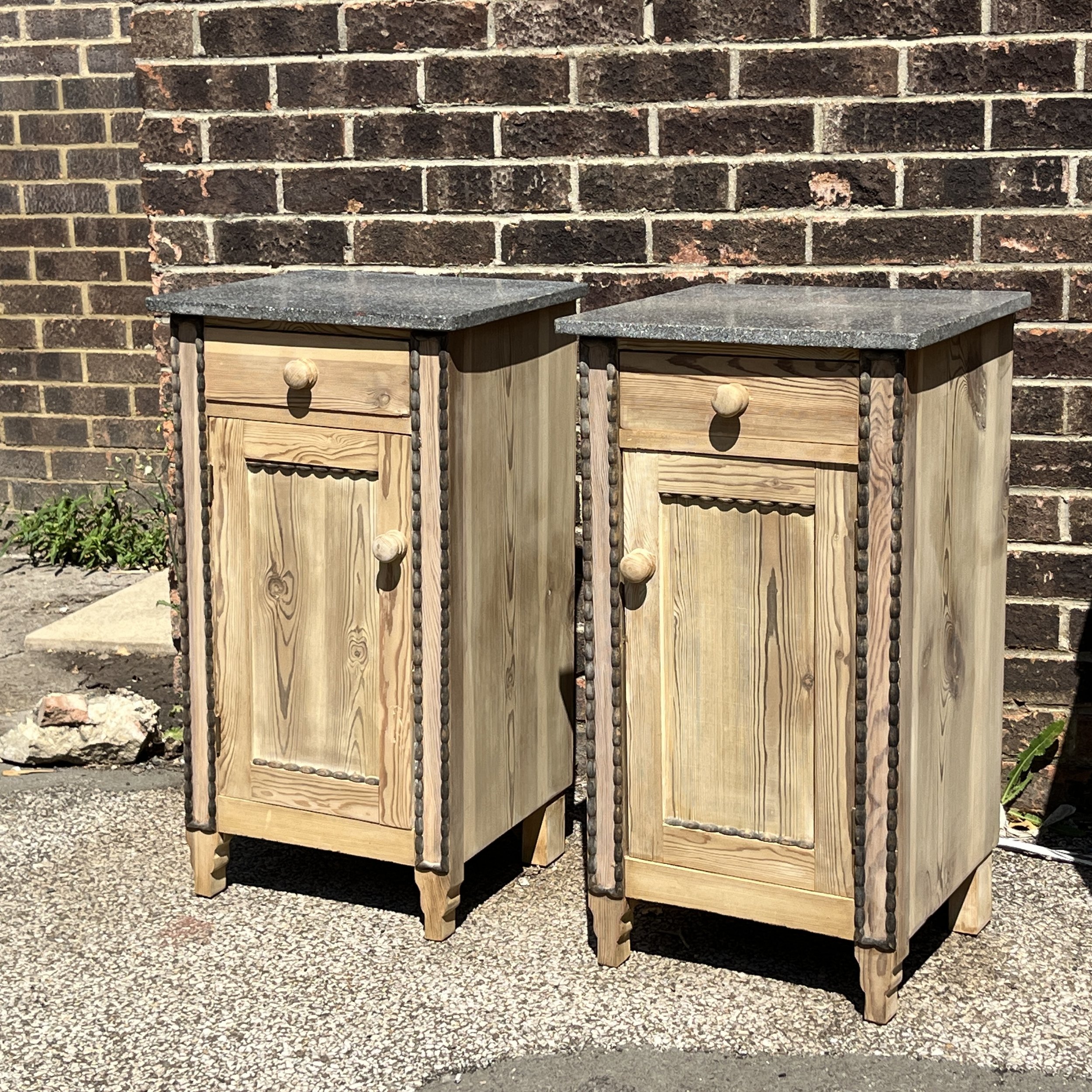 Pair of Antique Pine Bedside Cupboards with Granite Tops