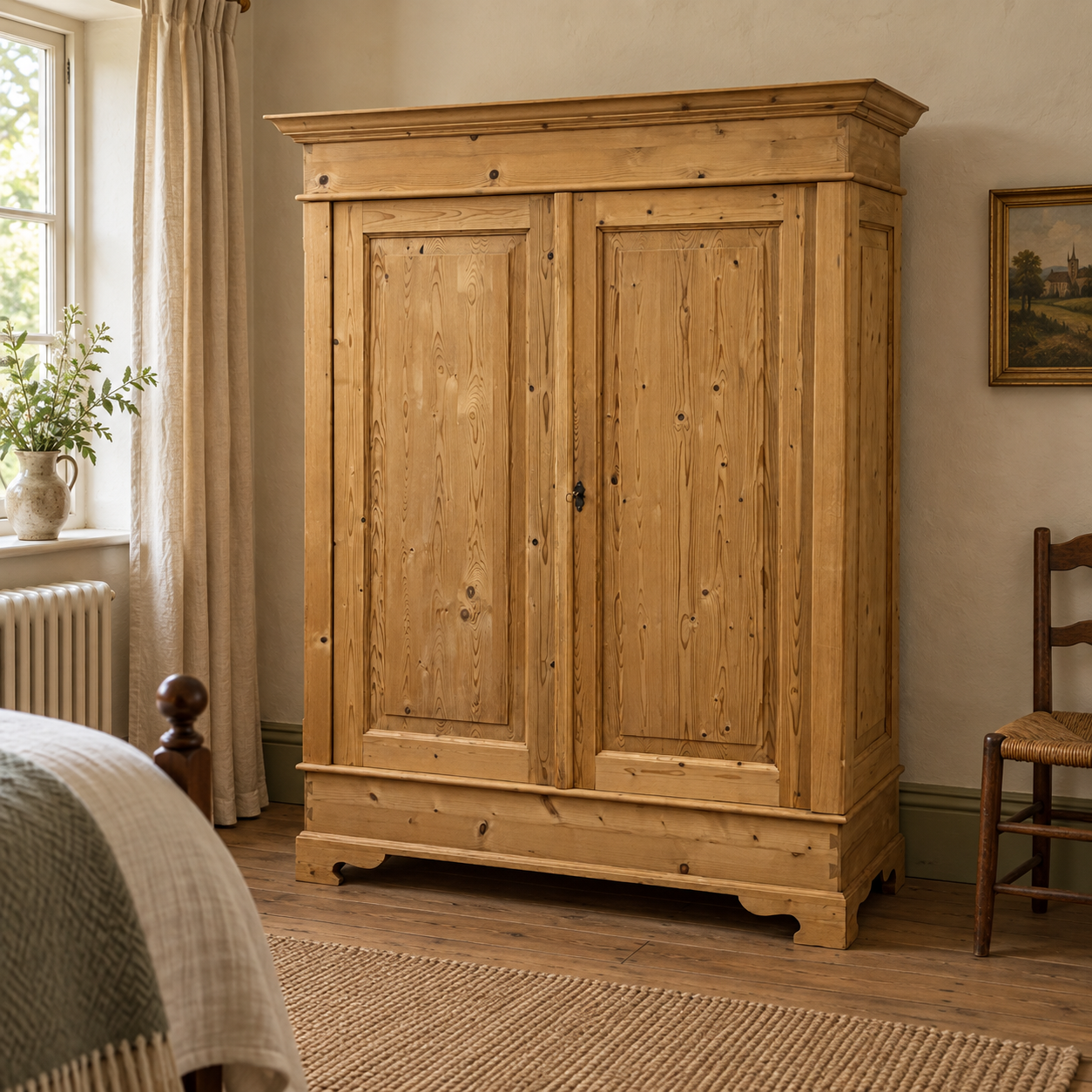 Illustration of the double pine wardrobe in a furnished bedroom