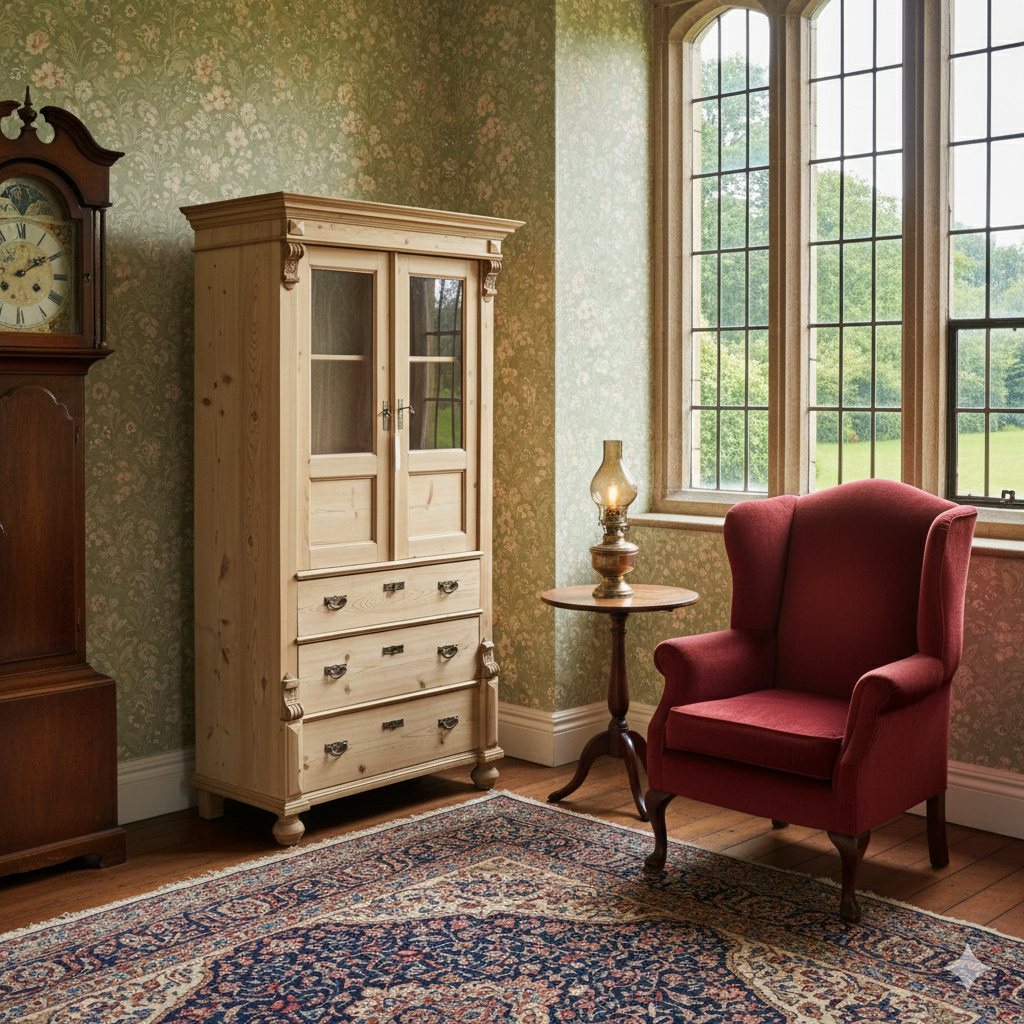 Large antique pine glazed 3 drawer cupboard