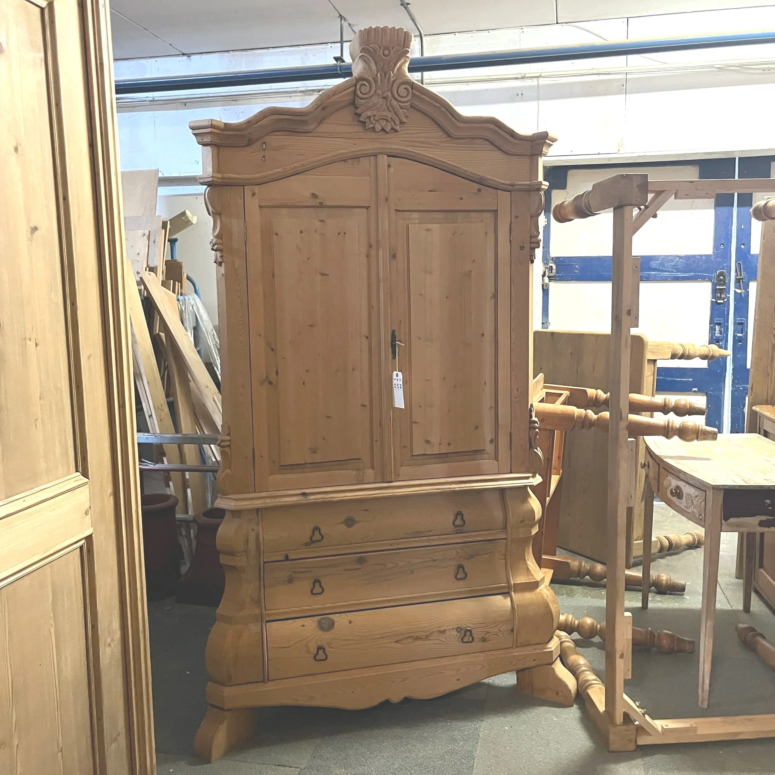 Reproduction Antique-Style Pine Corner Cupboard with Bombe Base