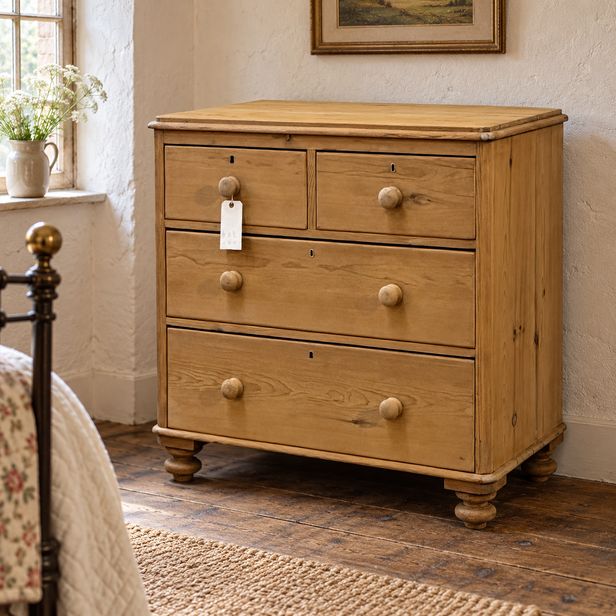 N8608C AI-staged room setting for illustration, pine chest in a cottage bedroom