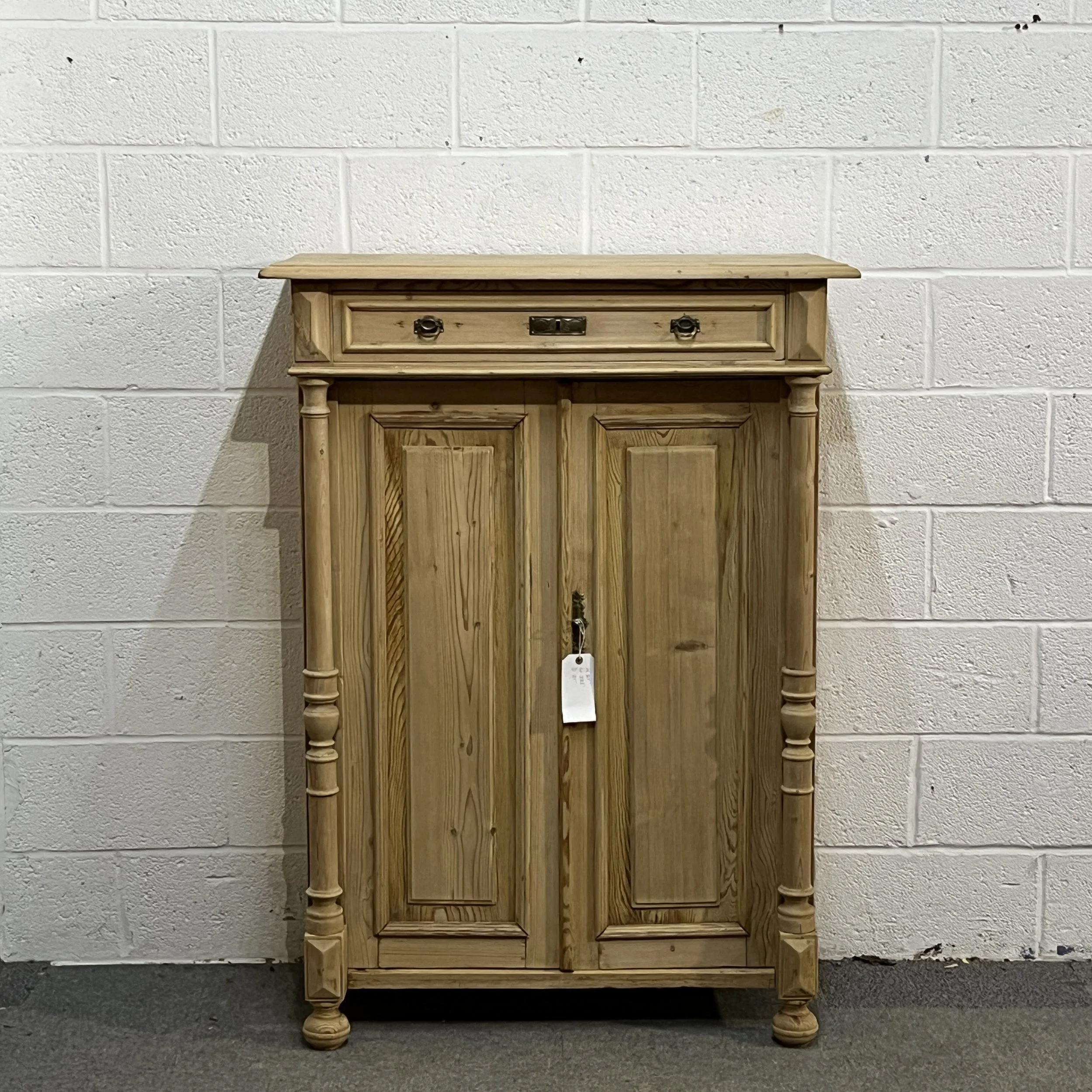 Fairly Tall Slim Antique Pine 2 Door Cupboard Top Drawer