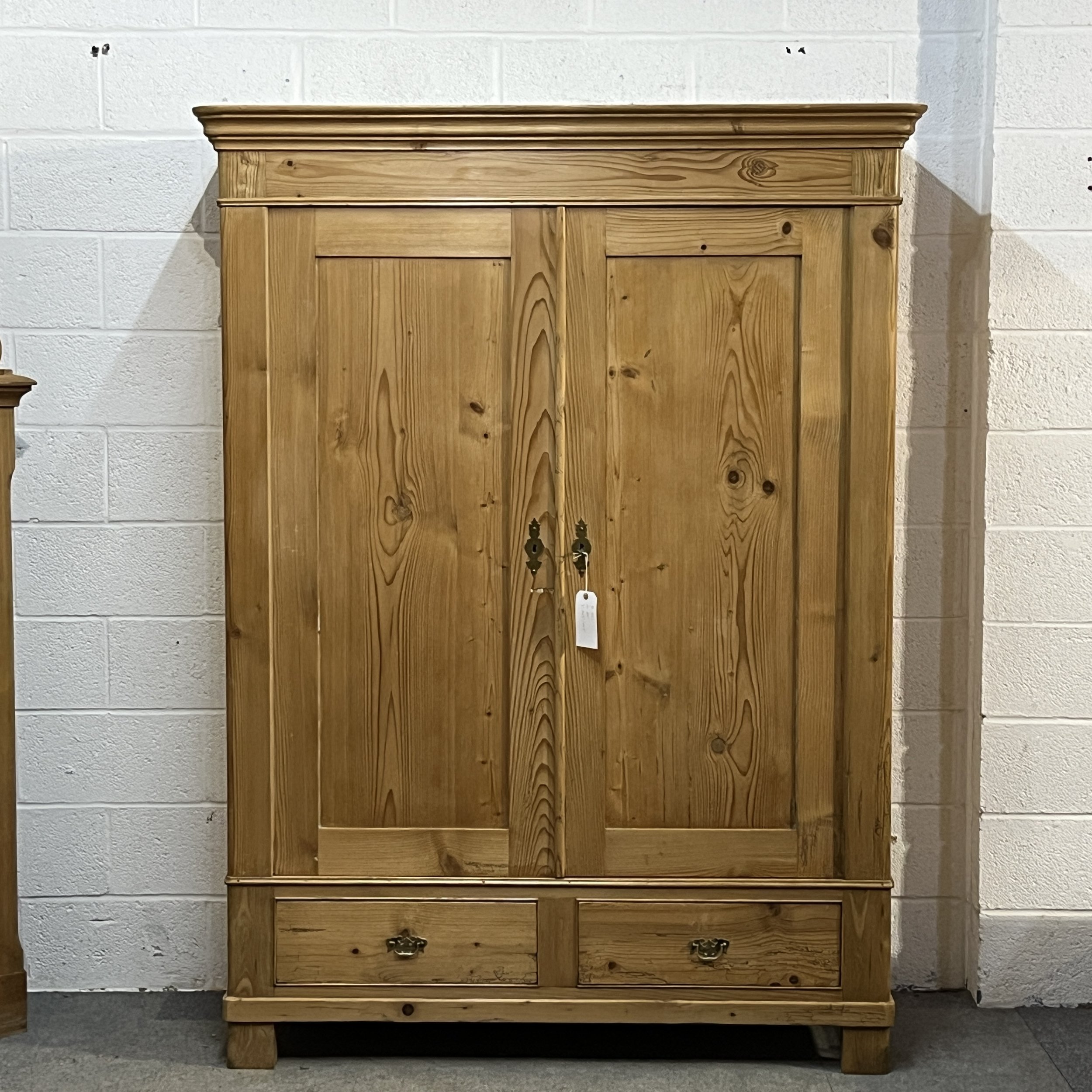 Large Early 1900’s Pine Double Wardrobe With Bottom Drawers