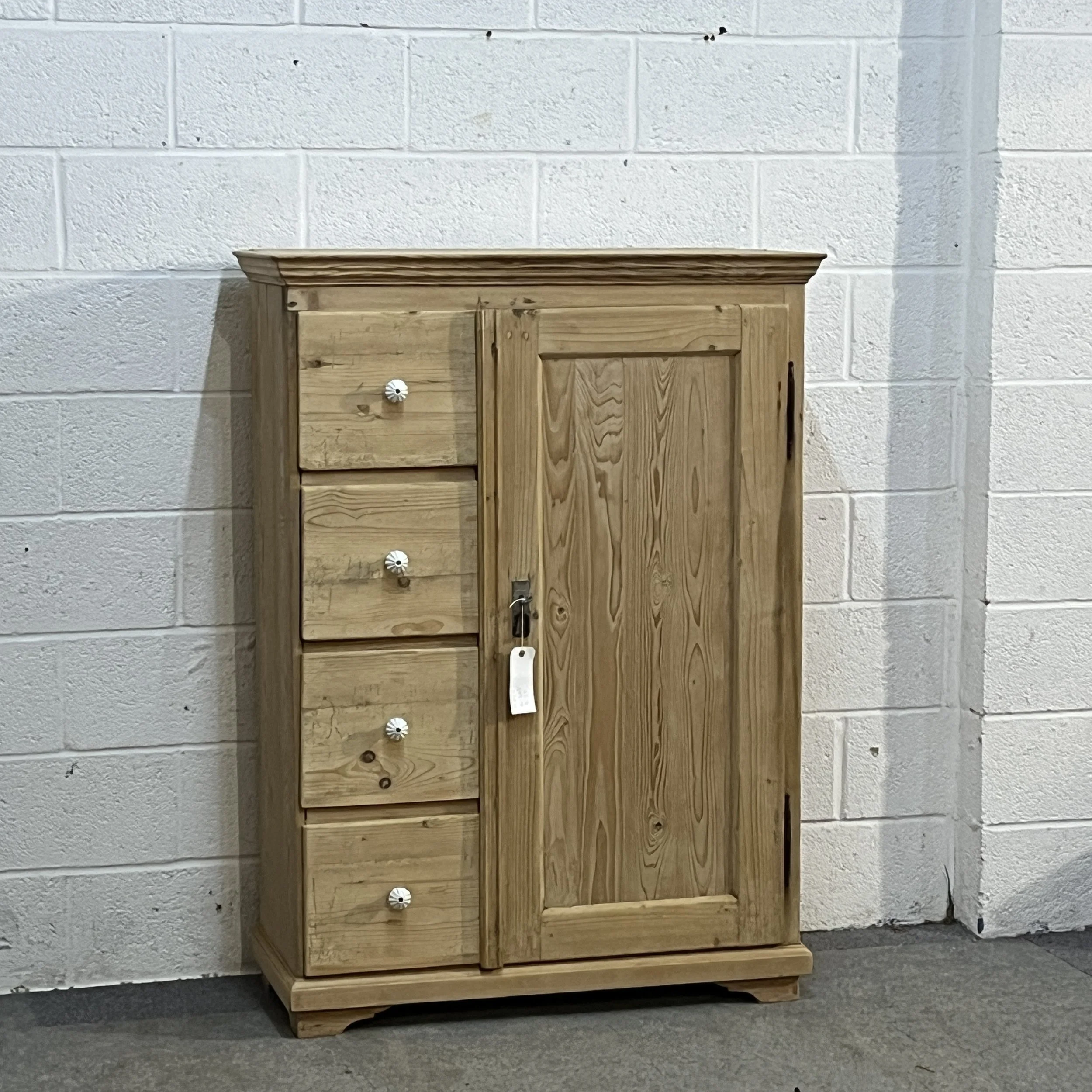 Antique pine larder cupboard N7408C, full front view with four left-hand drawers and single panelled door
