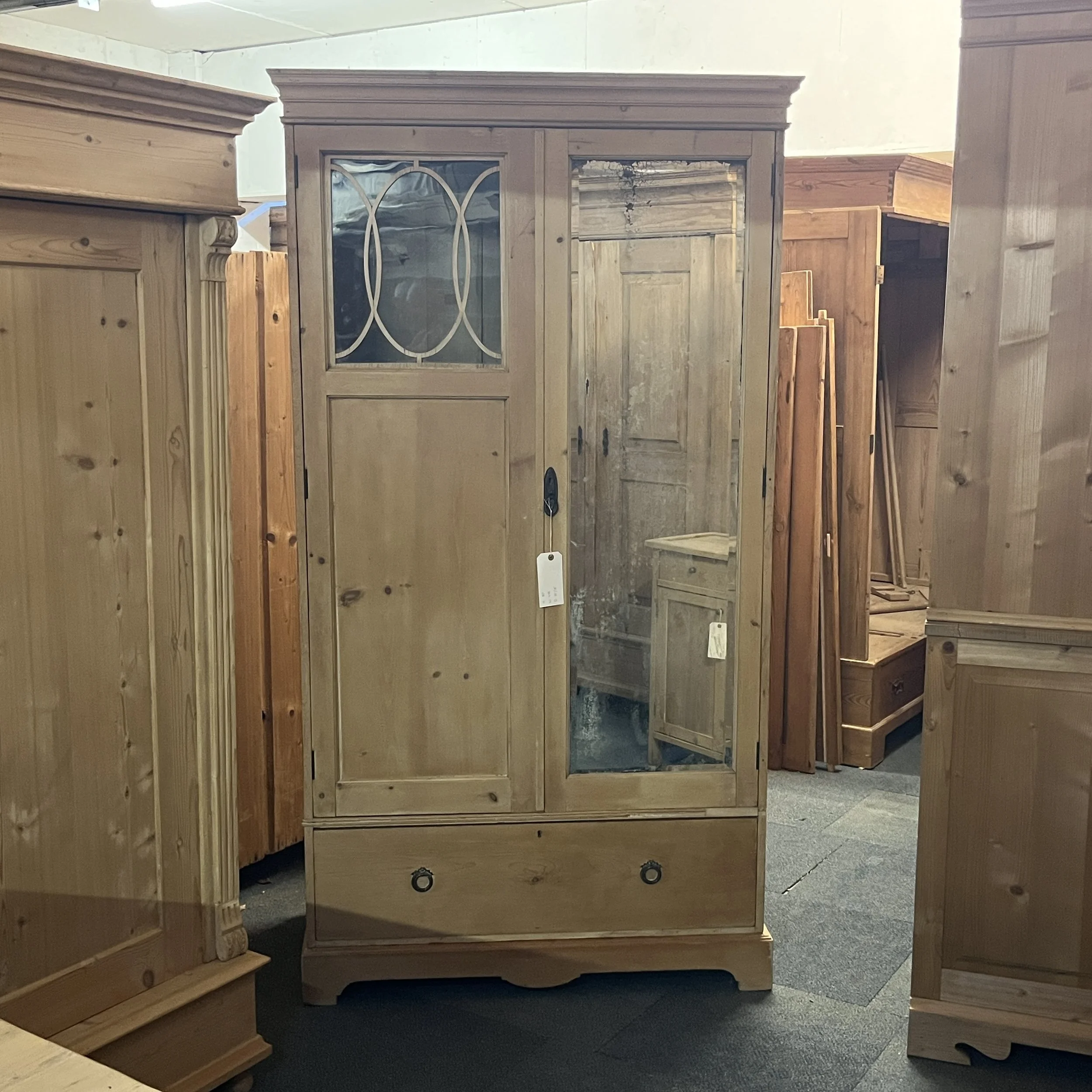 Tall Edwardian Pine Wardrobe with Mirror and Bottom Drawer