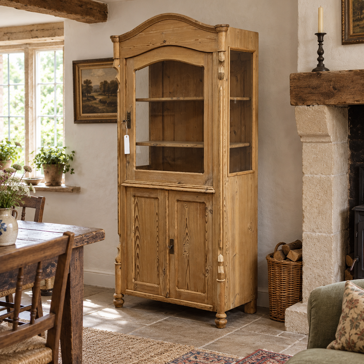 AI-staged room setting for illustration — antique pine cabinet N3404D in a country cottage