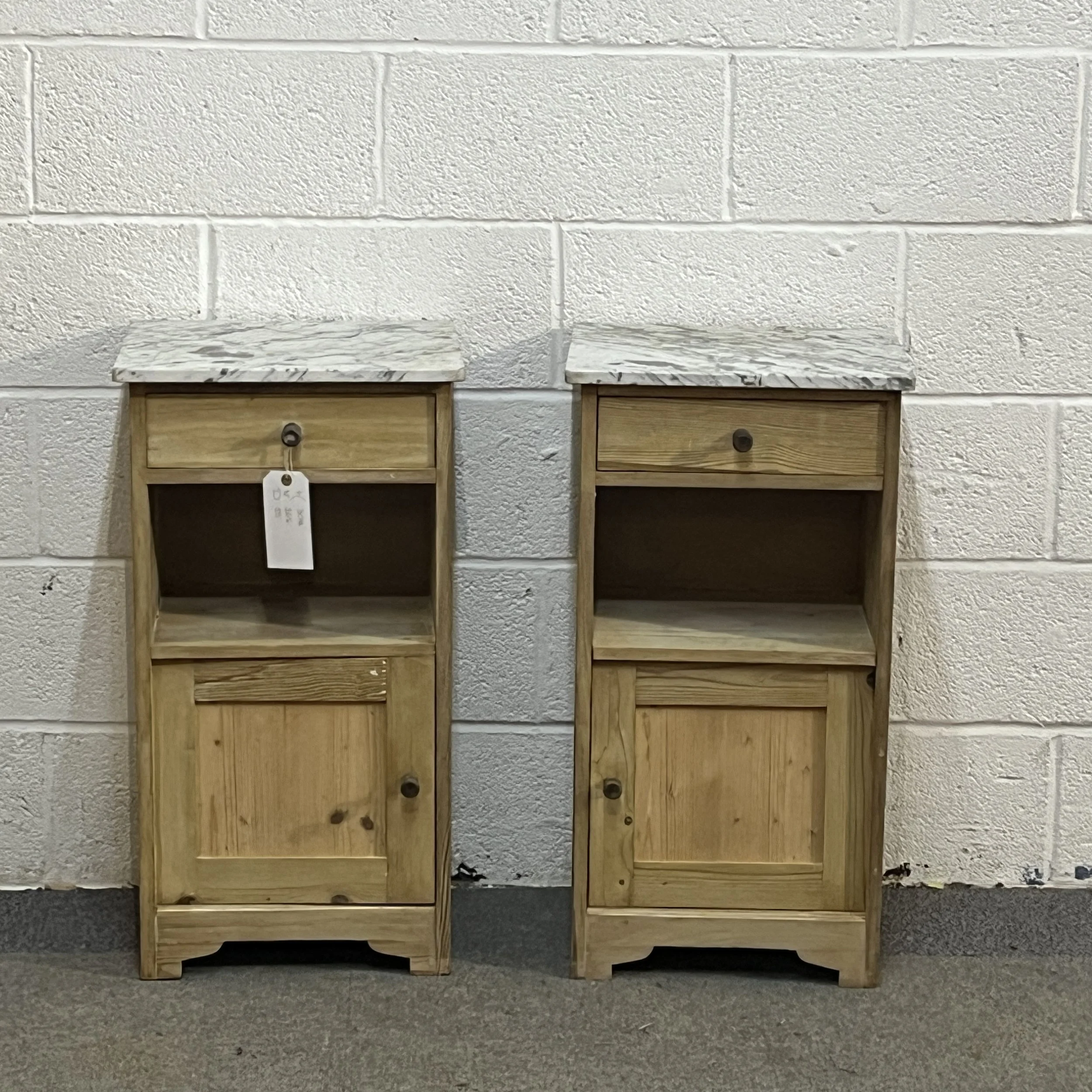 Pair Of Small Marble Top Antique Pine Bedside Cupboards