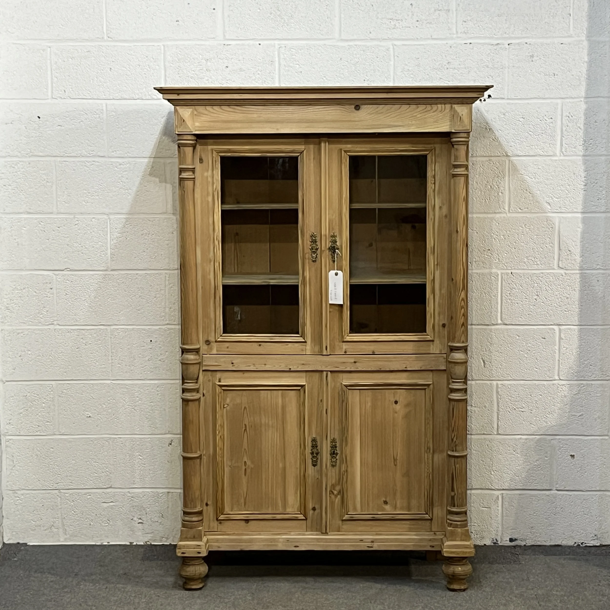 Large Tall Partly Glazed Antique Pine Display Cabinet