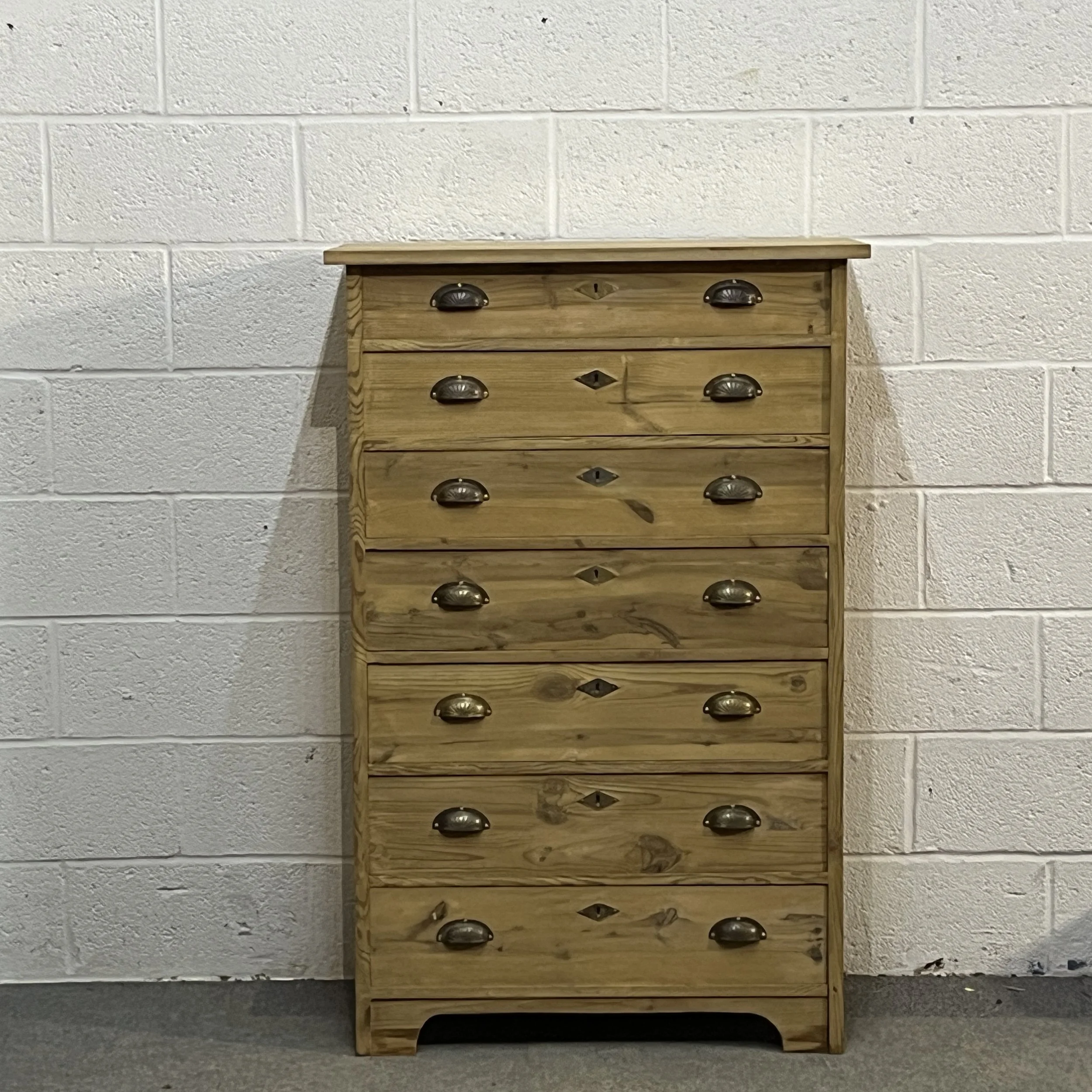Tall Slim Antique Pine Chest Of 7 Drawers