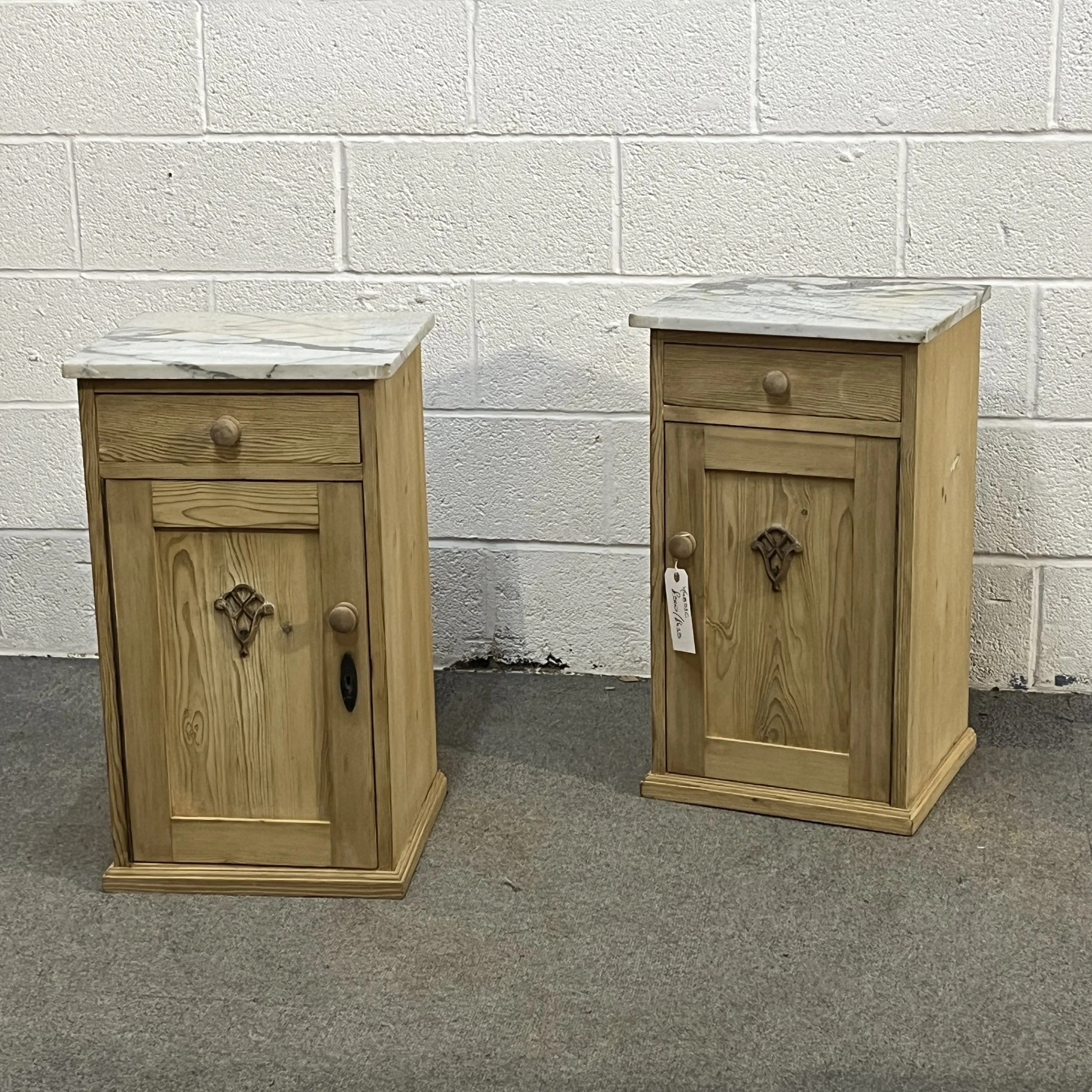 Pair Of Marble Top Antique Pine Bedside Cupboards