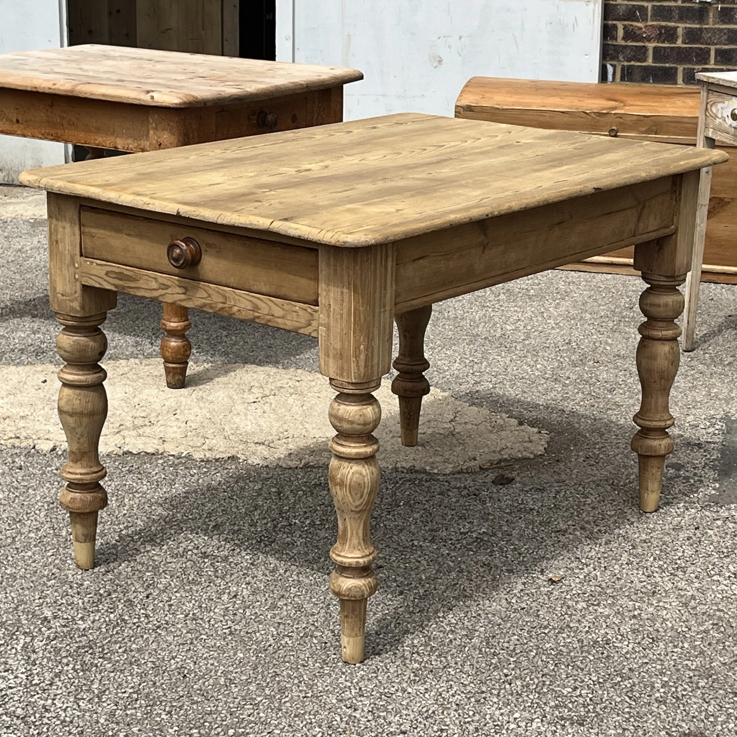 Antique 4ft Pine Table with Turned Legs and Single Drawer