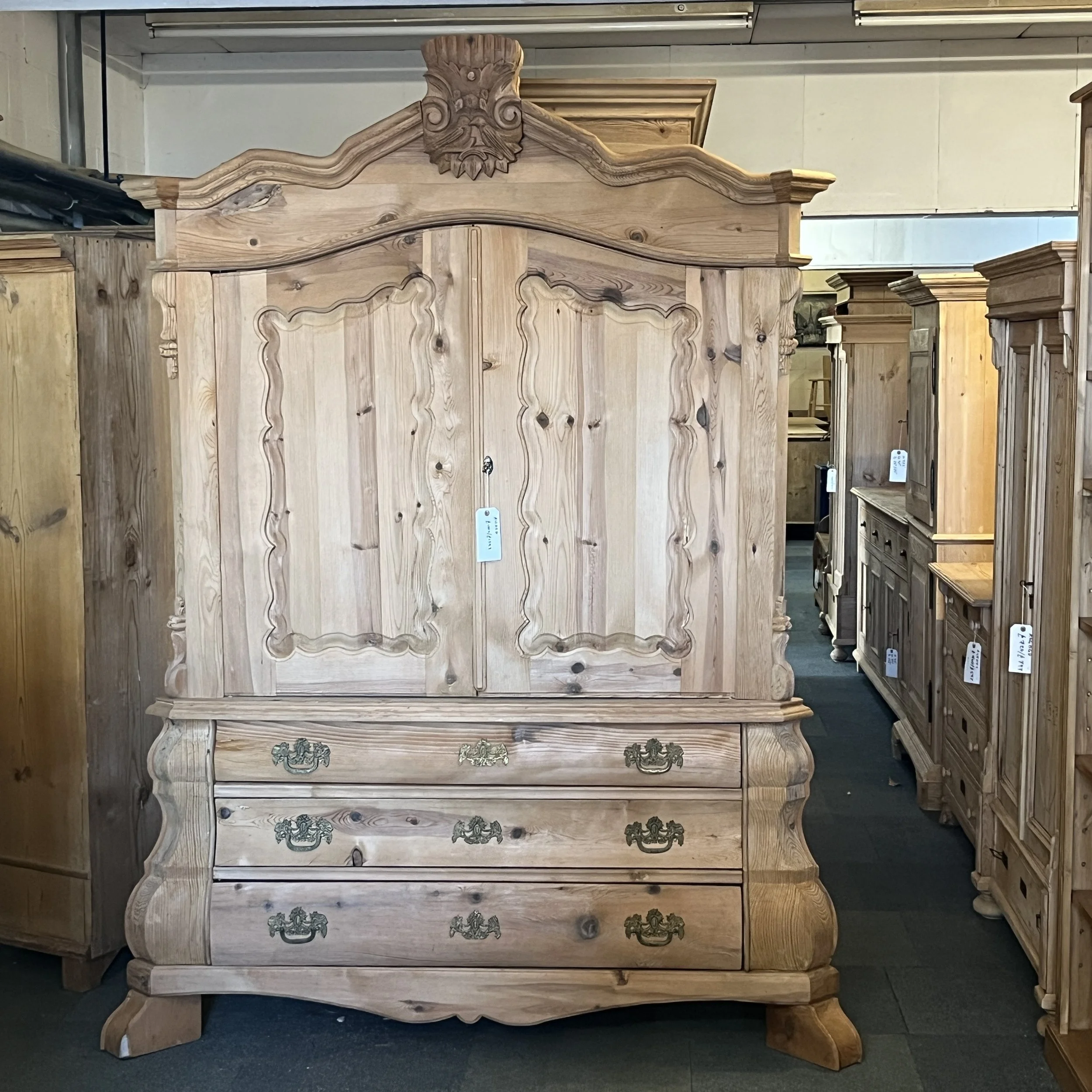 Very Large Bombe Base Pine Linen Press With Bottom Drawers