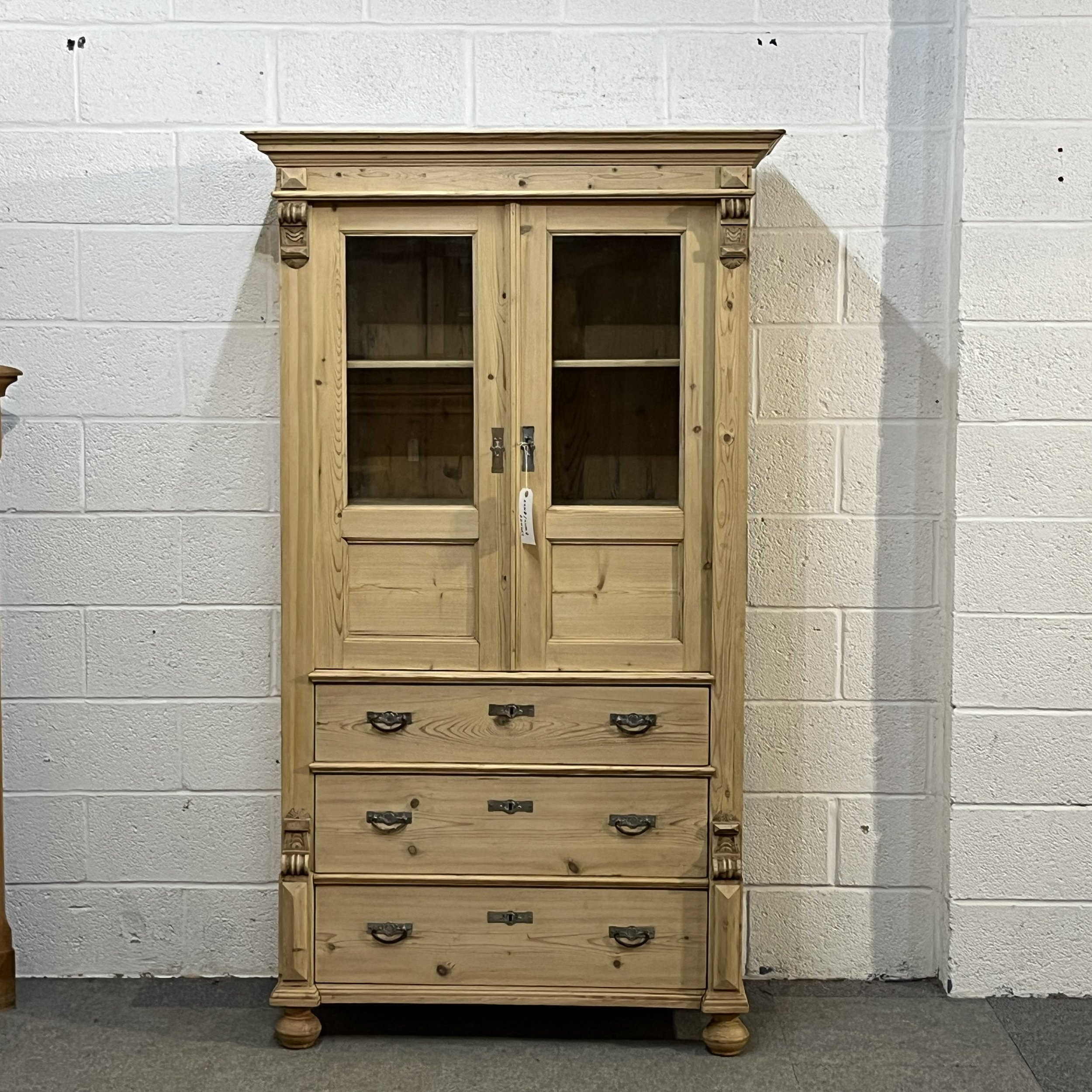 Large Tall Partly Glazed Antique Pine Cabinet With Bottom Drawers (J3505E)