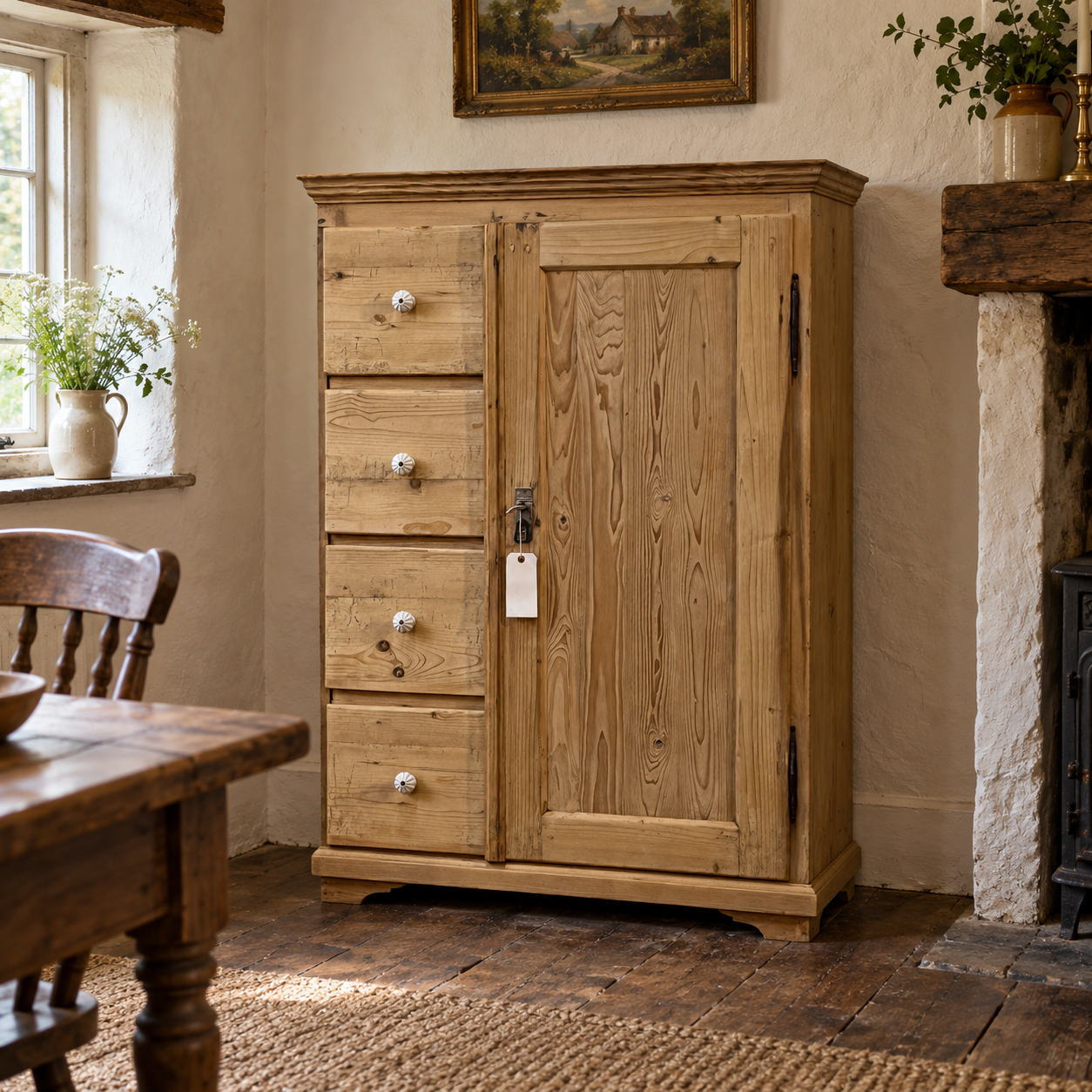 AI-staged room setting for illustration — antique pine larder cupboard N7408C in an English cottage dining room