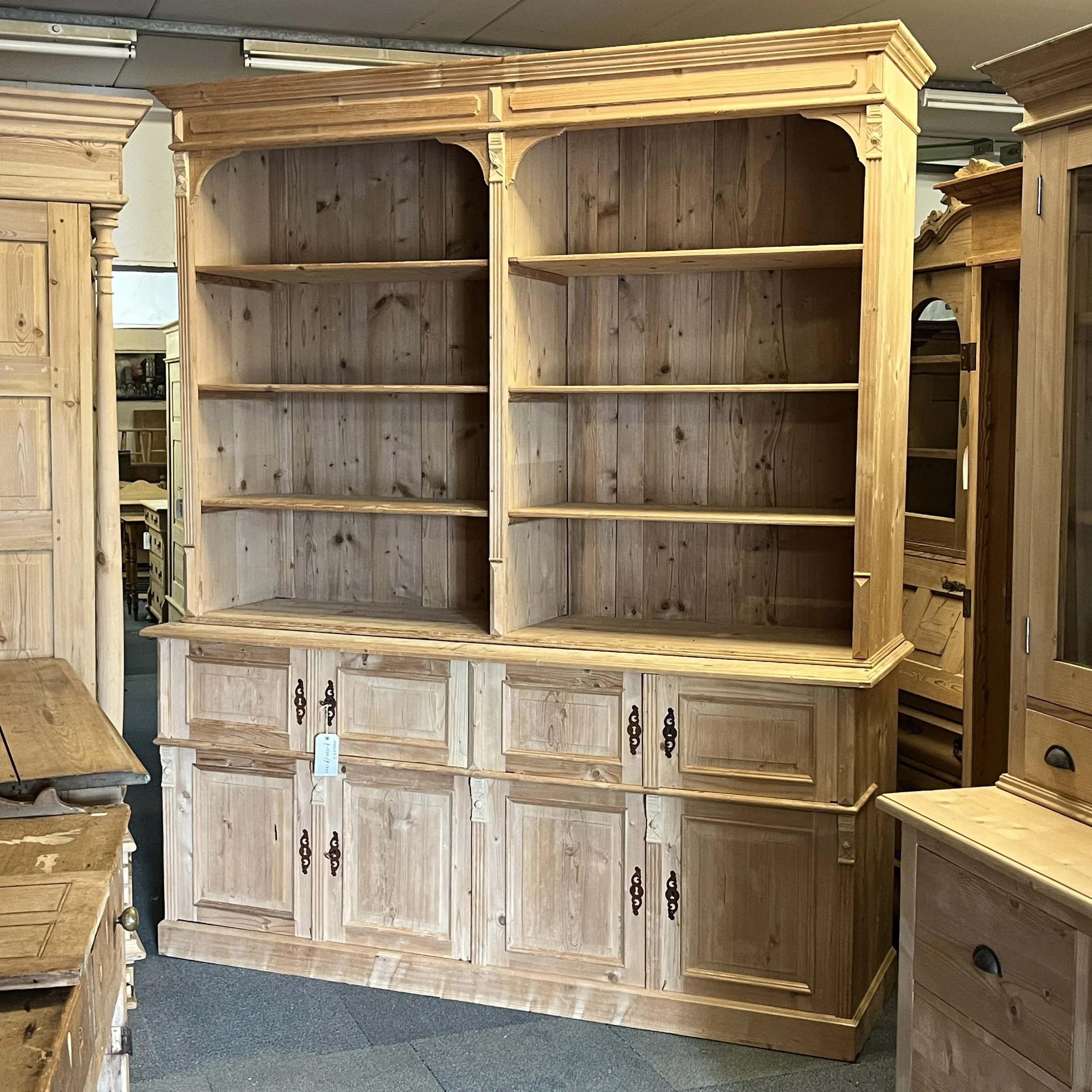 Extremely Large Pine Shop Dresser with Open Rack and Multi Cupboard Base